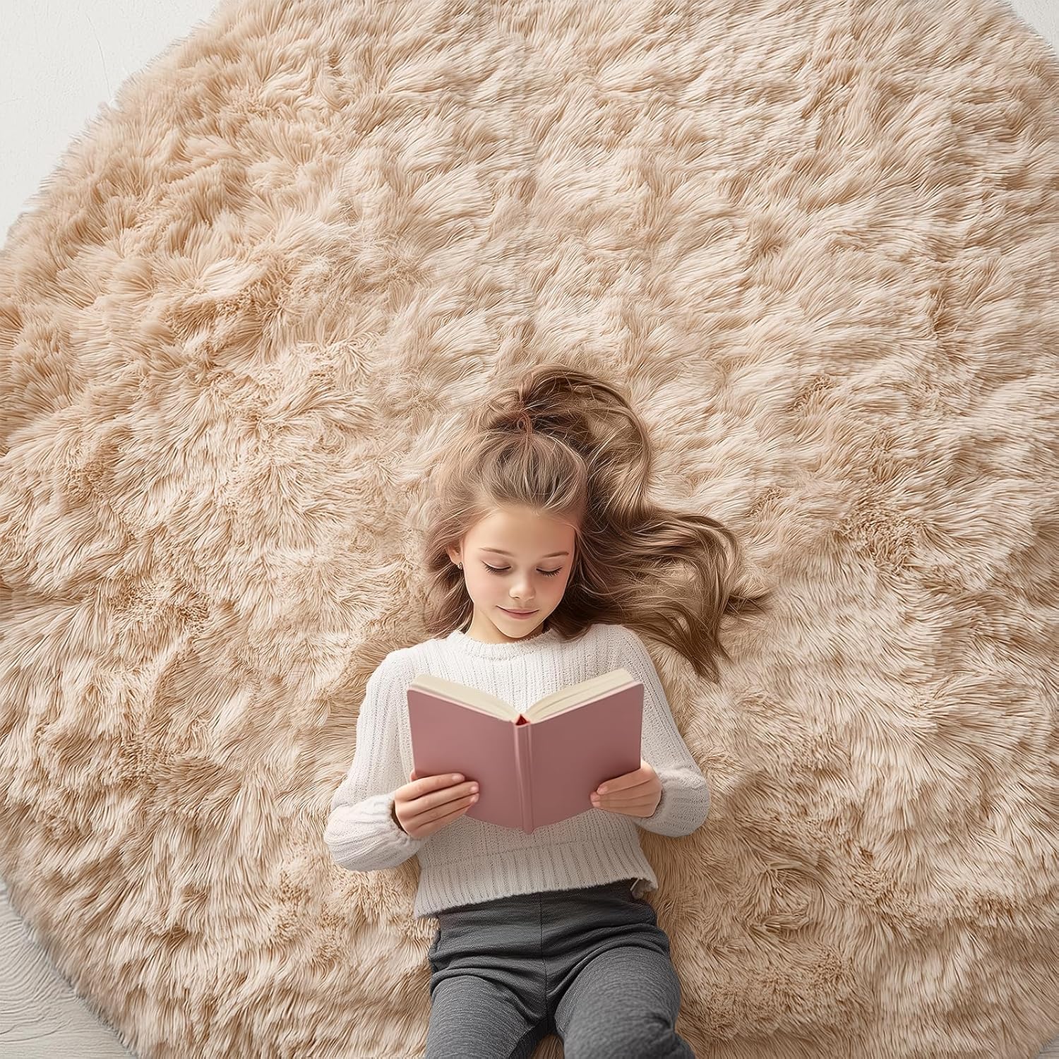 OLANLY Beige Round Rugs for Bedroom - Soft Fluffy Area Rug