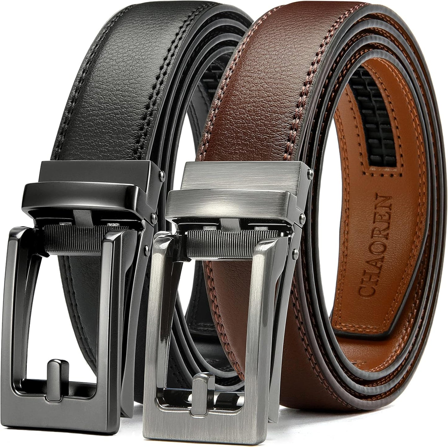 CHAOREN Men's Leather Ratchet Belt Pack of Two - Adjustable Style