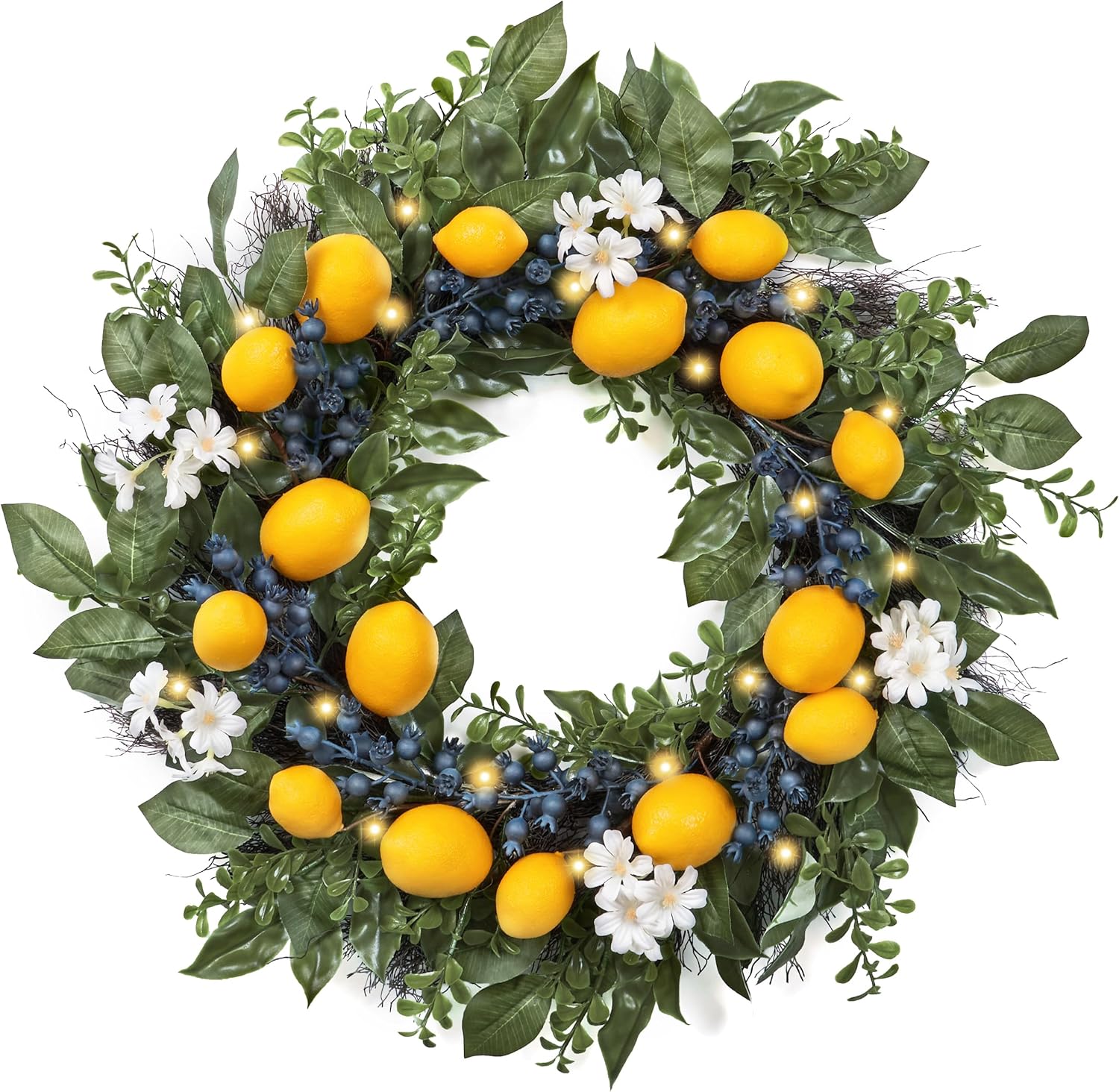 Summer Artificial Lemon Wreath for Front Door with Lights