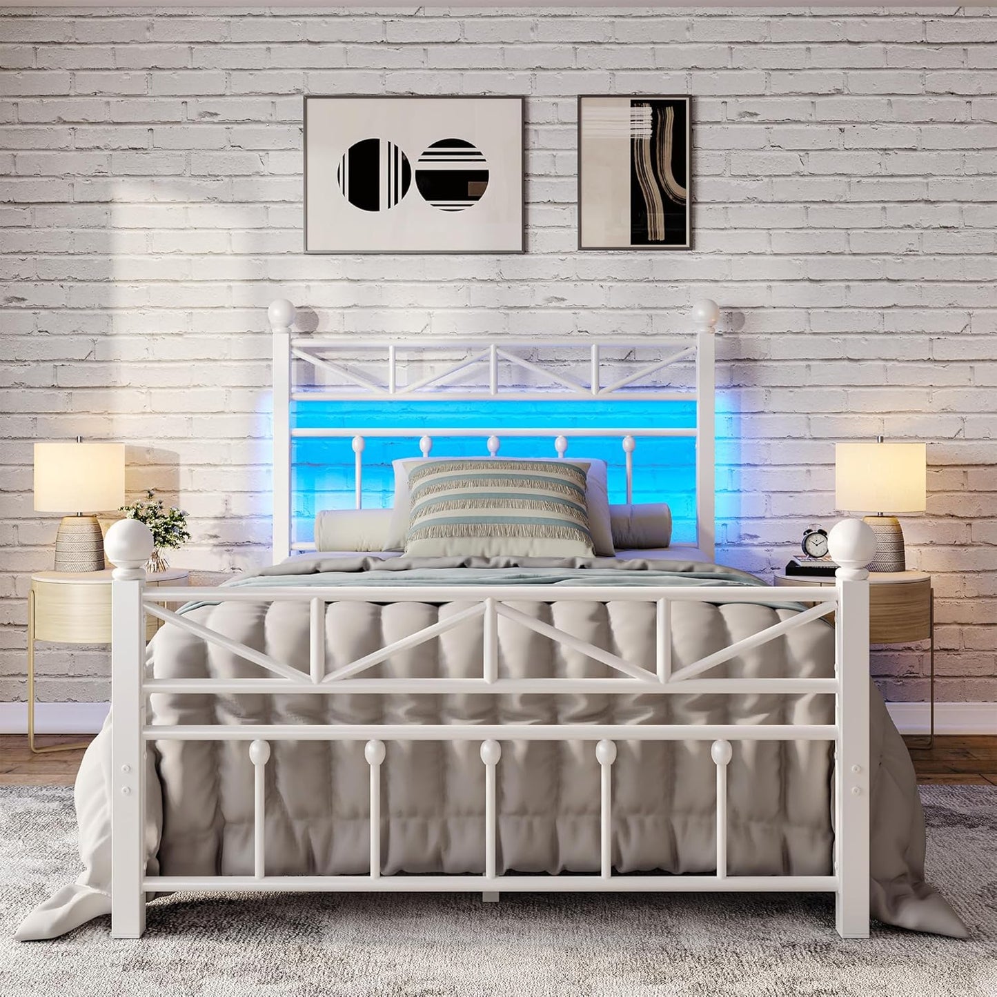 54in Metal Twin Bed Frame with LED Light and Storage Space