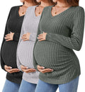 Maternity Ribbed V Neck Long Sleeve Tops 3 Pack - Soft Stretch Fit