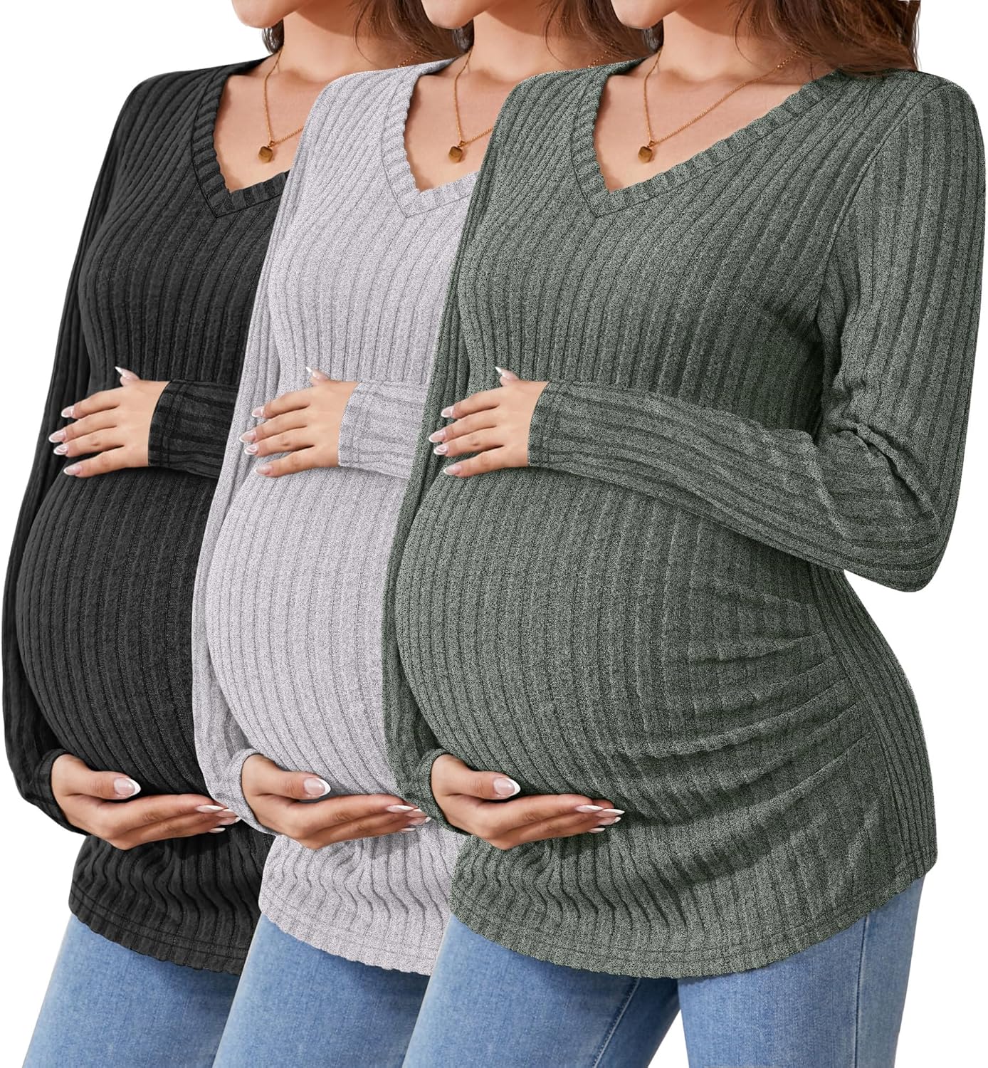 Maternity Shirts 3 Pack Long Sleeve Ribbed Tops for Pregnancy