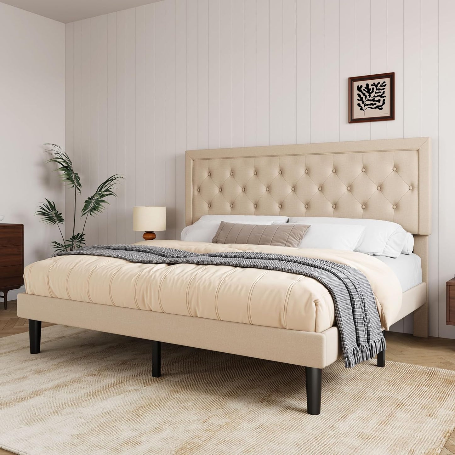 Allewie King Size Upholstered Bed Frame with Adjustable Headboard
