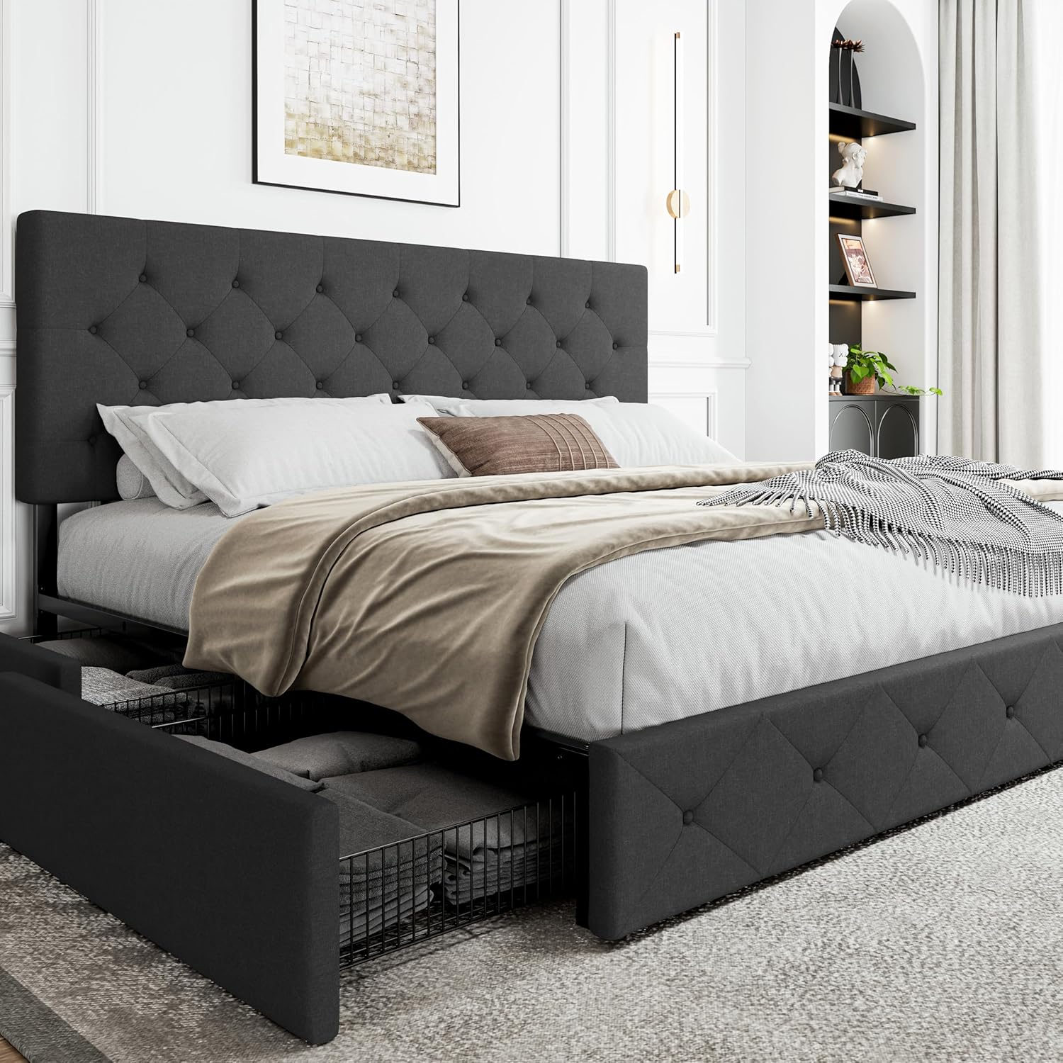 SHA CERLIN King Size Platform Bed Frame with Storage Drawers