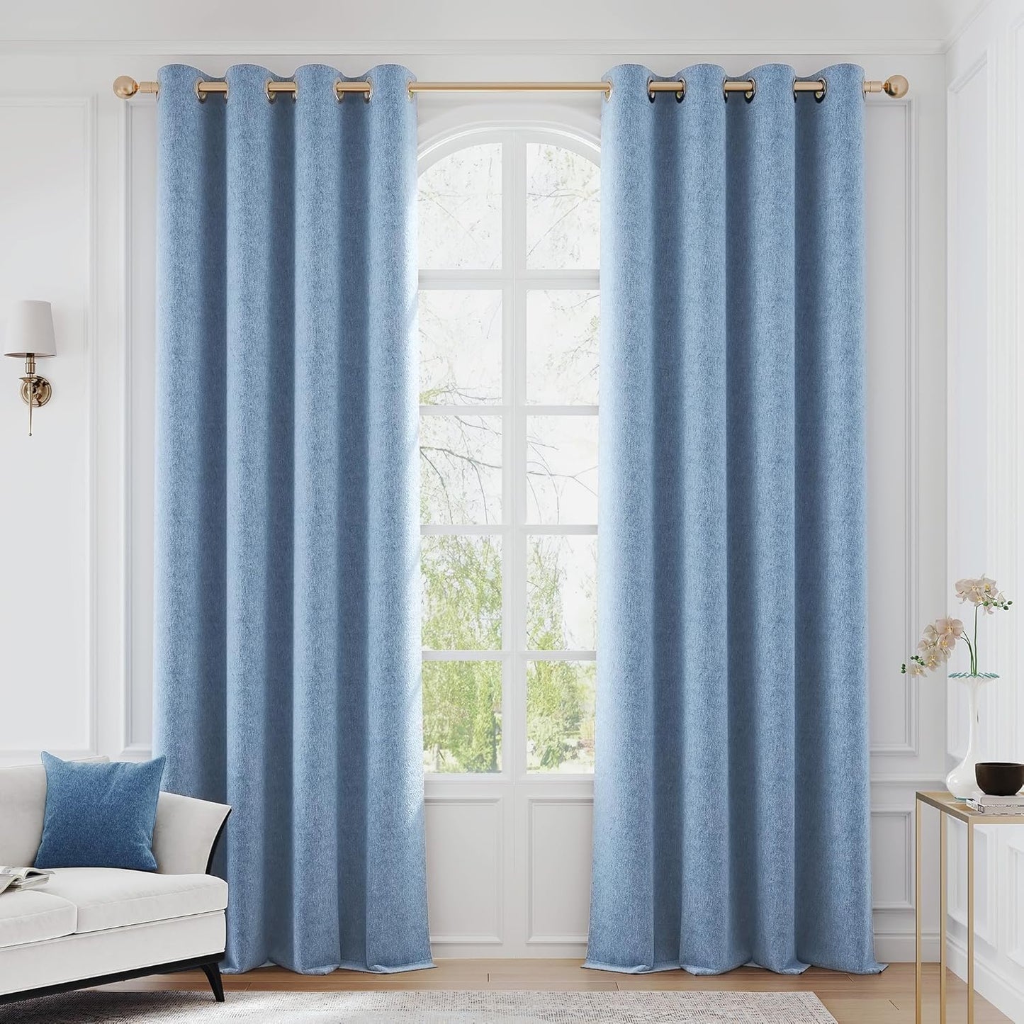 100% Blackout Blue Curtains with Floral Design for Bedrooms