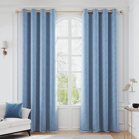 100% Blackout Blue Curtains with Floral Design for Bedrooms