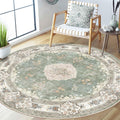 MUJOO Green Round Rug 5ft Sage Floral - Washable, Non-Slip Circle Rug
