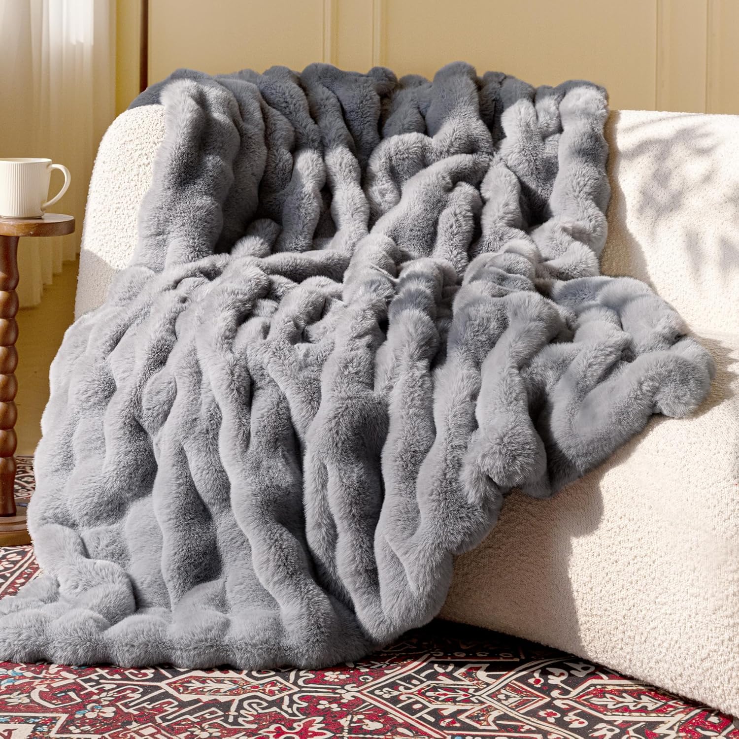 Faux Rabbit Fur Throw Blanket for Couch, Sofa, or Bed 50x60