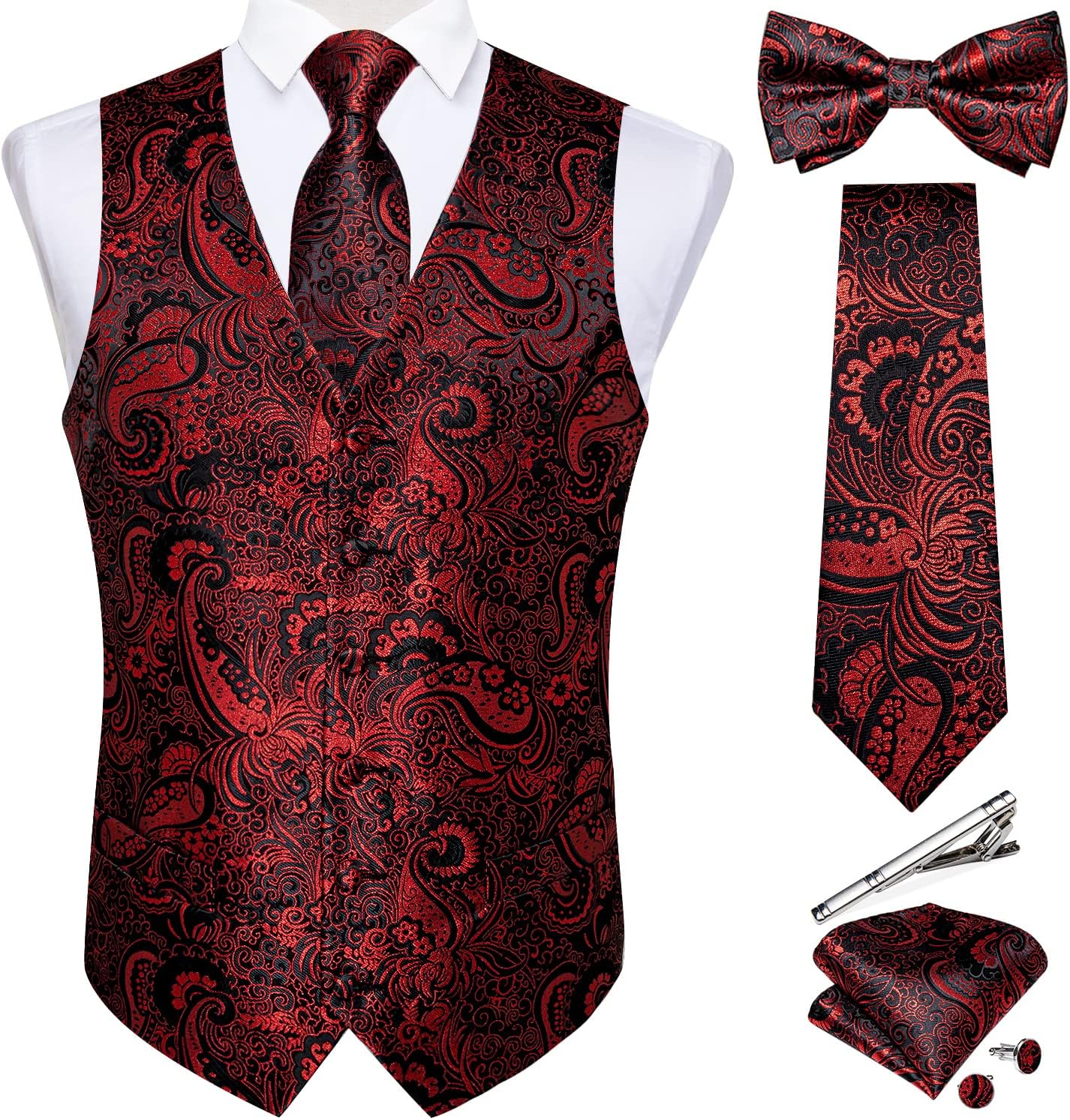 DiBanGu Men's Silk Paisley Vest and Necktie Set for Weddings