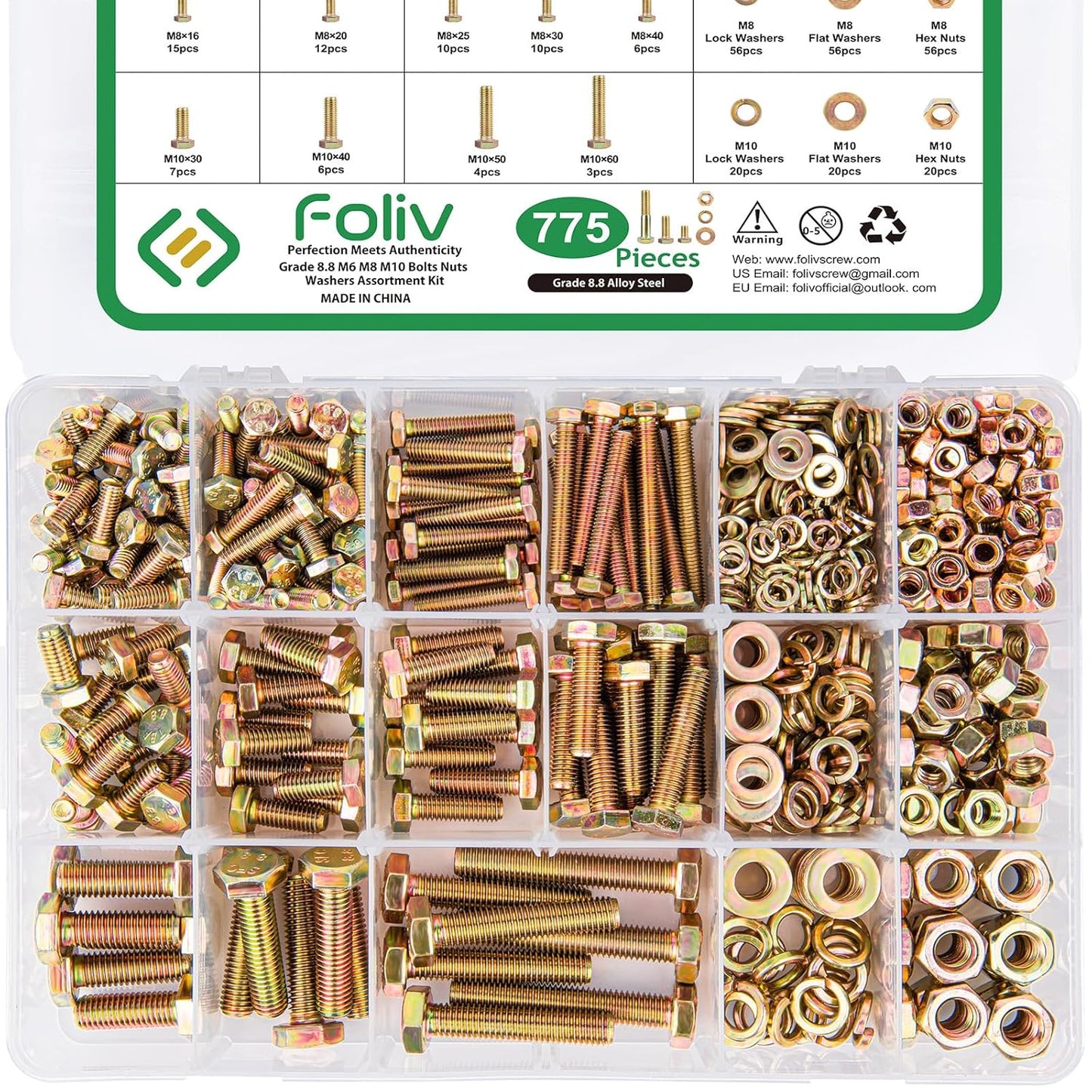 FOLIV 775PCS Heavy Duty Metric Bolts and Nuts Assortment Kit