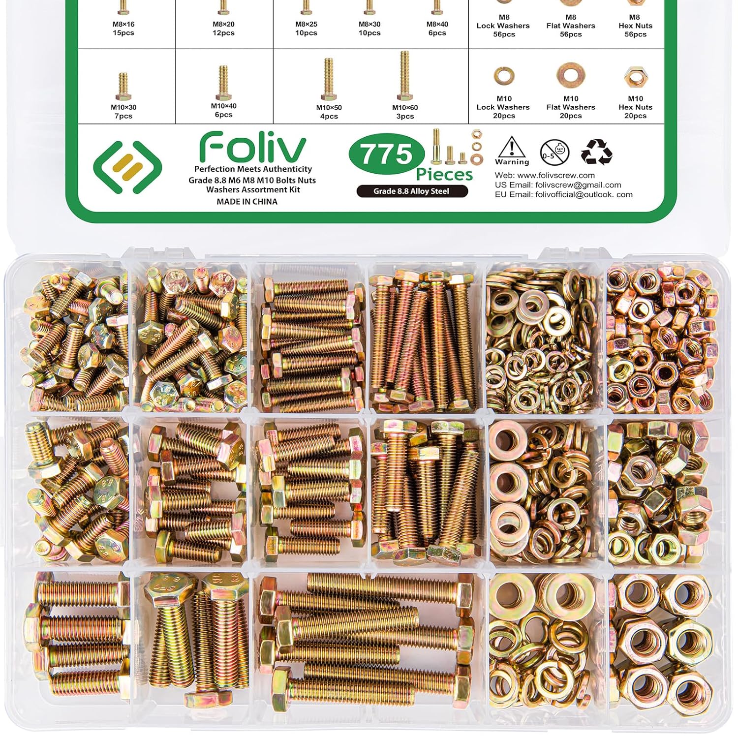 FOLIV 775PCS Heavy Duty Metric Bolts and Nuts Assortment Kit