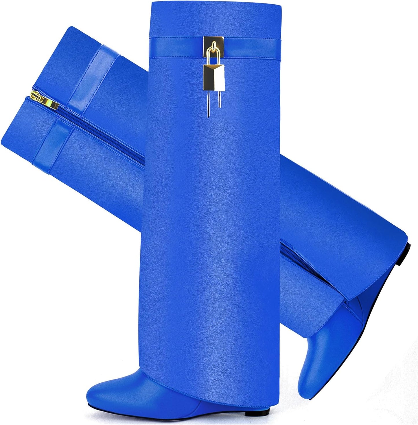Fold Over Boots for Women Pointy Pull-on Wedge Heel Knee Shark Boot