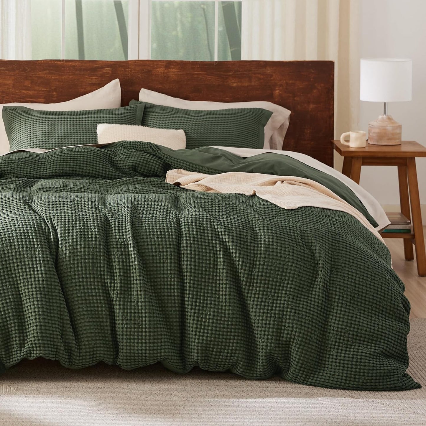 Bedsure Waffle Duvet Cover Queen Set for Hot Sleepers, Olive Green