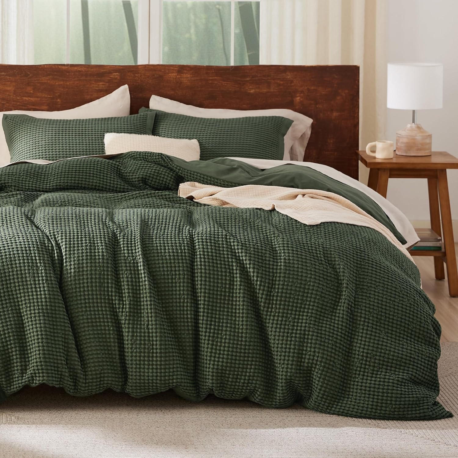 Bedsure Waffle Duvet Cover Queen Set for Hot Sleepers, Olive Green