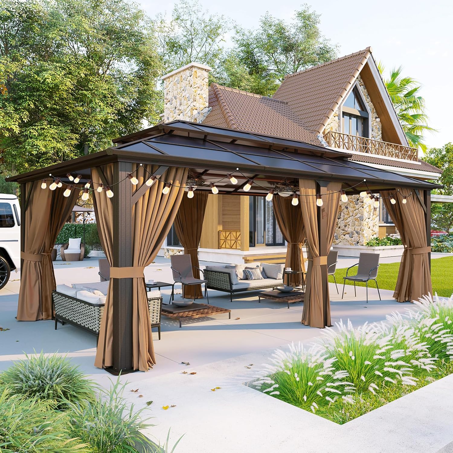 Aoxun 12ftx20ft Hardtop Gazebo with Curtains and LED Lights