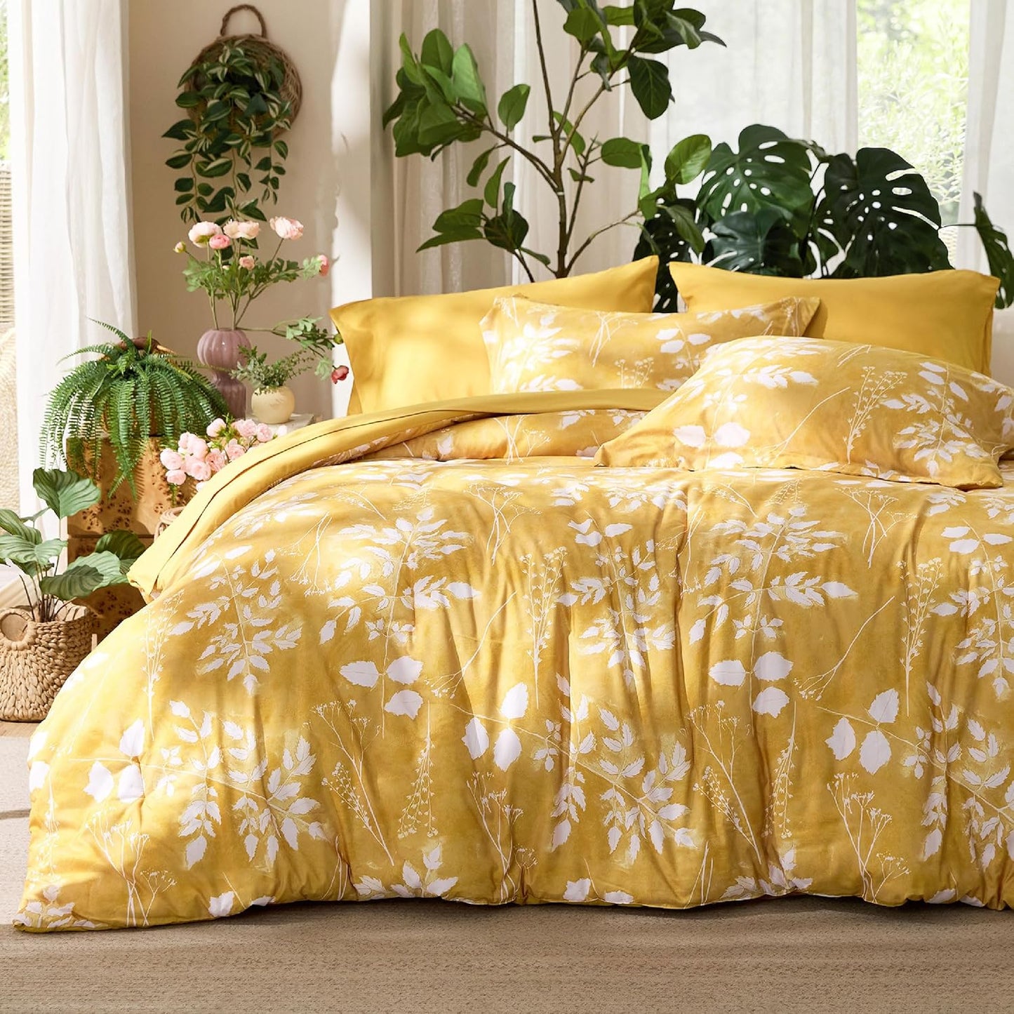 Bedsure Queen Comforter Set - 7 Pieces Floral Yellow Bedding