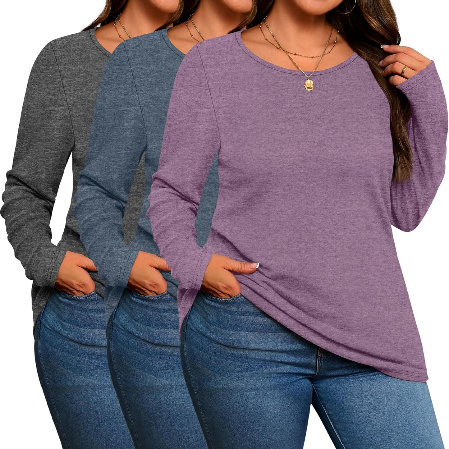 Plus Size Cotton Shirts for Women - 3 Pack Long Sleeve Tees