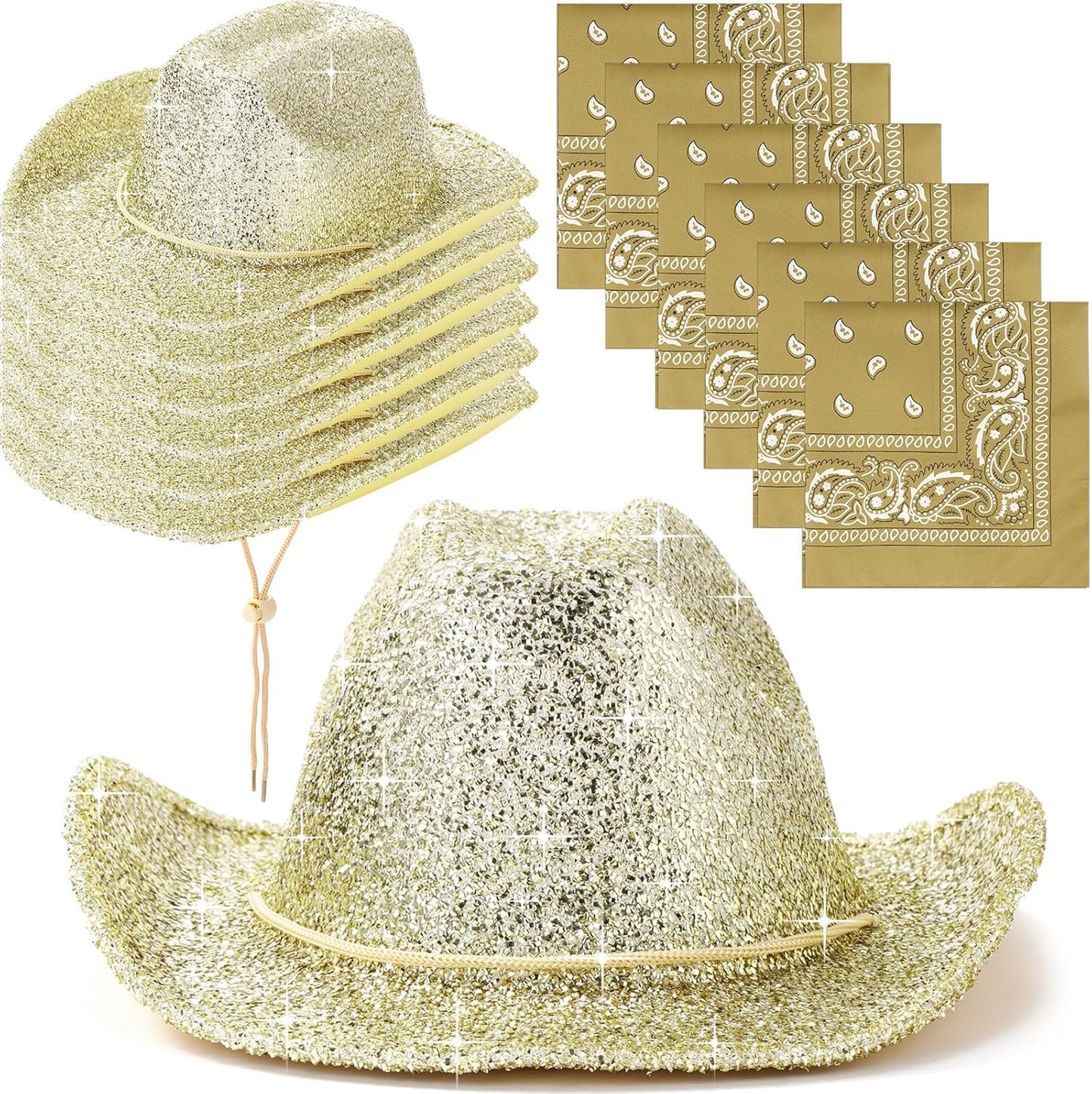 12 Pcs Sparkly Cowboy Hats and Bandanas for Western Parties