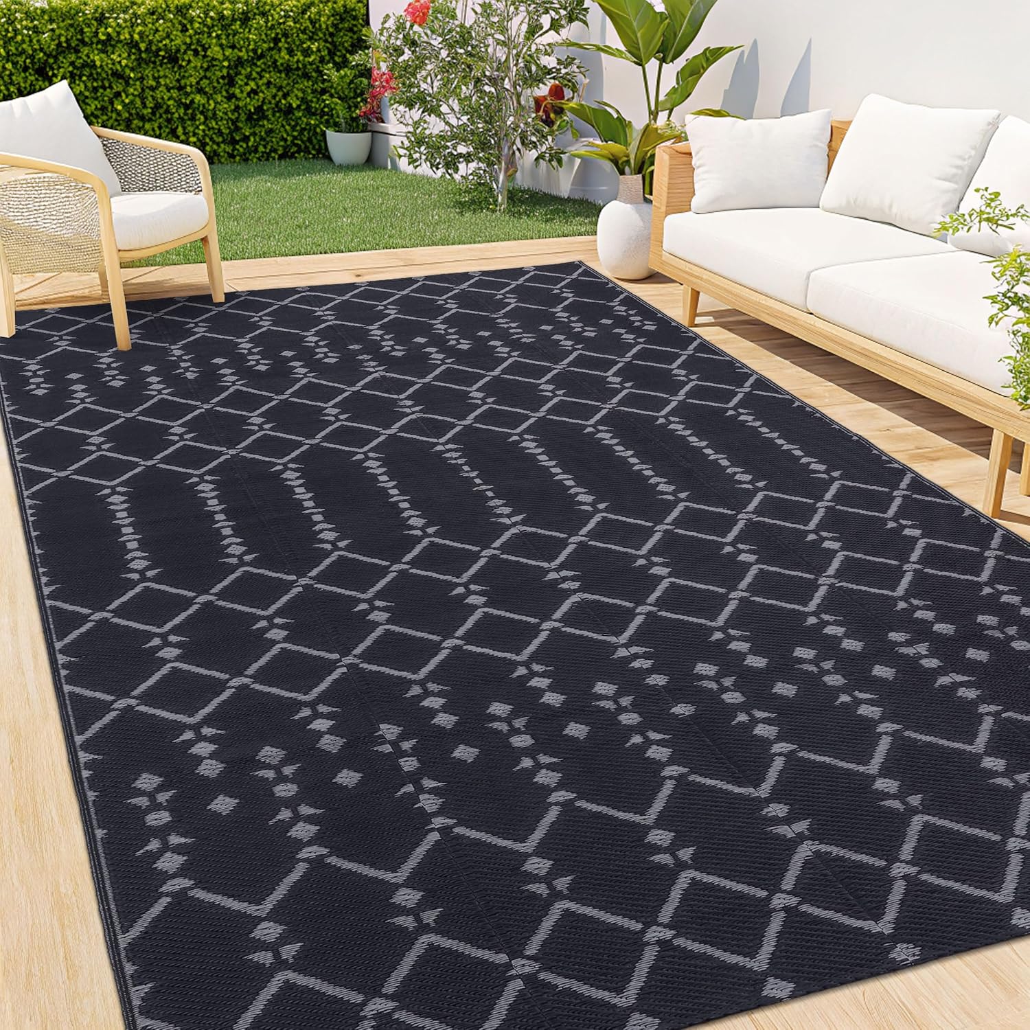 Smiry Outdoor Rug 9x12 ft Waterproof Reversible Plastic Straw