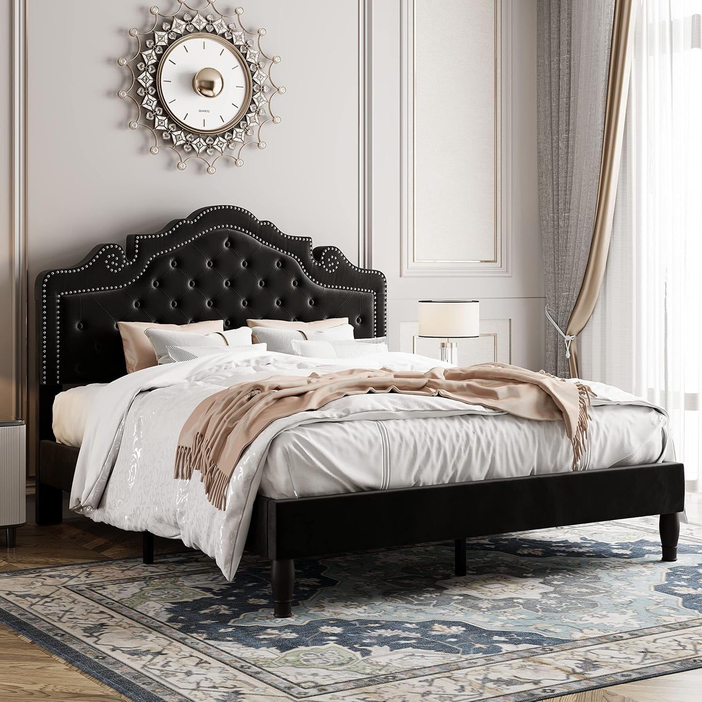 Allewie Queen Velvet Bed Frame with Adjustable Headboard Design