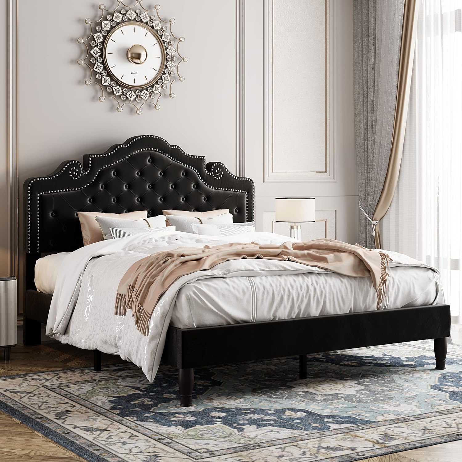 Allewie Queen Velvet Bed Frame with Adjustable Headboard Design