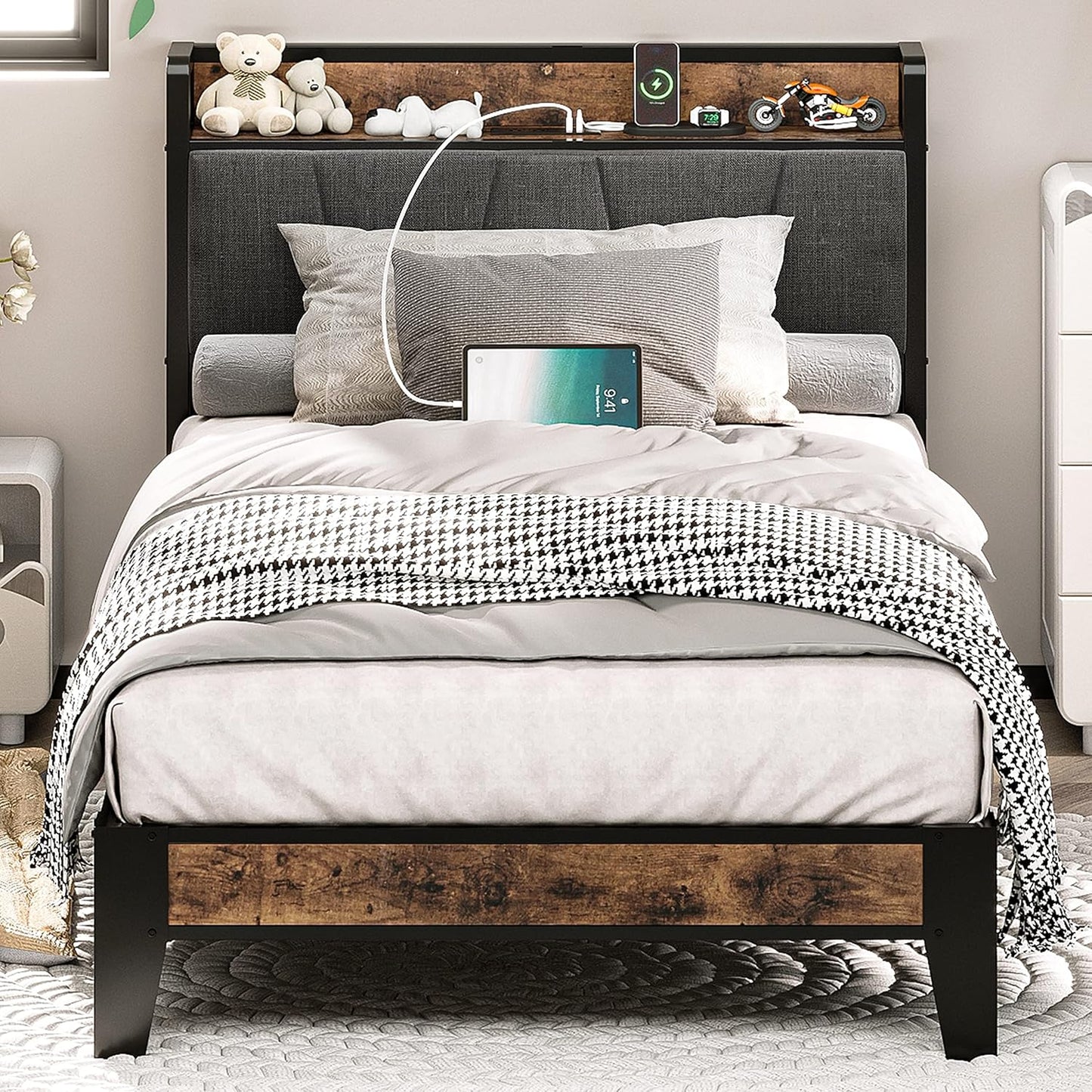 LIKIMIO Twin Bed Frame with Storage Headboard and Charging Station