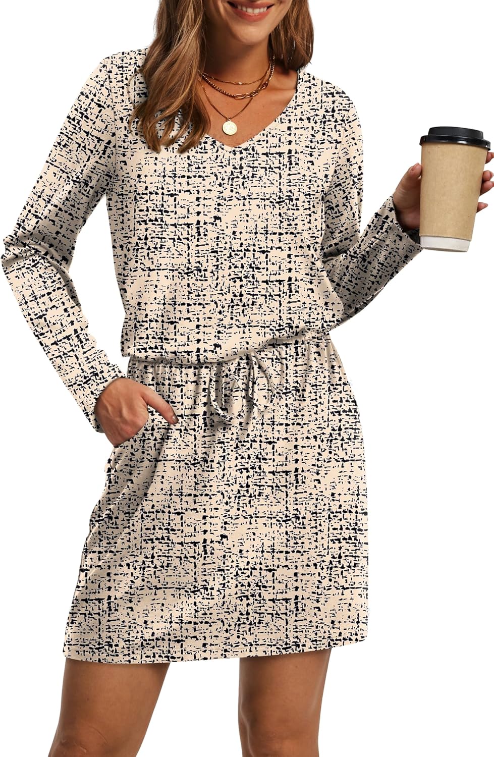 OFEEFAN Fall Dresses for Women - Casual V Neck Long Sleeve Style
