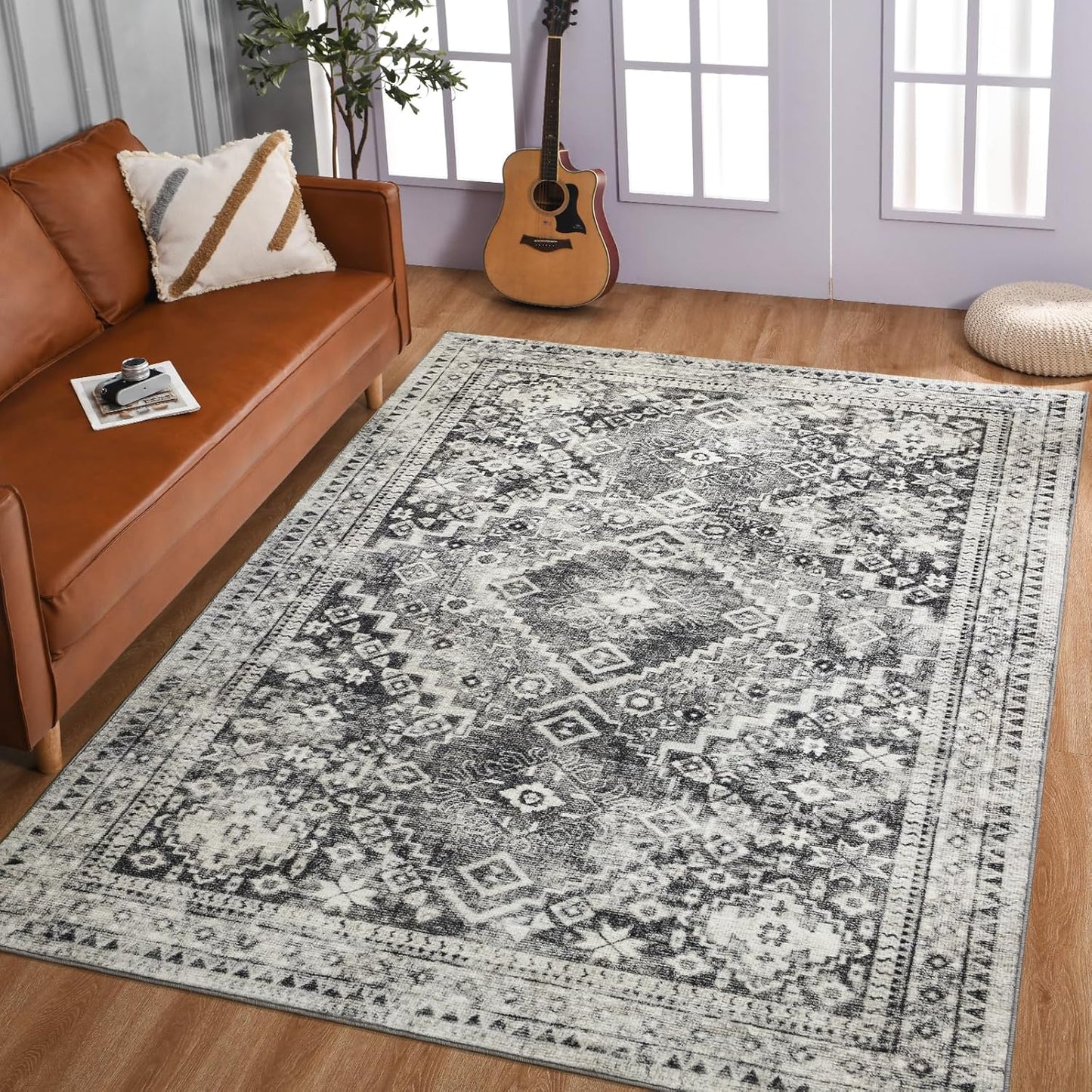 YOH Boho Washable Rug 6x9, Taupe Gray Vintage Non Slip Area Rug