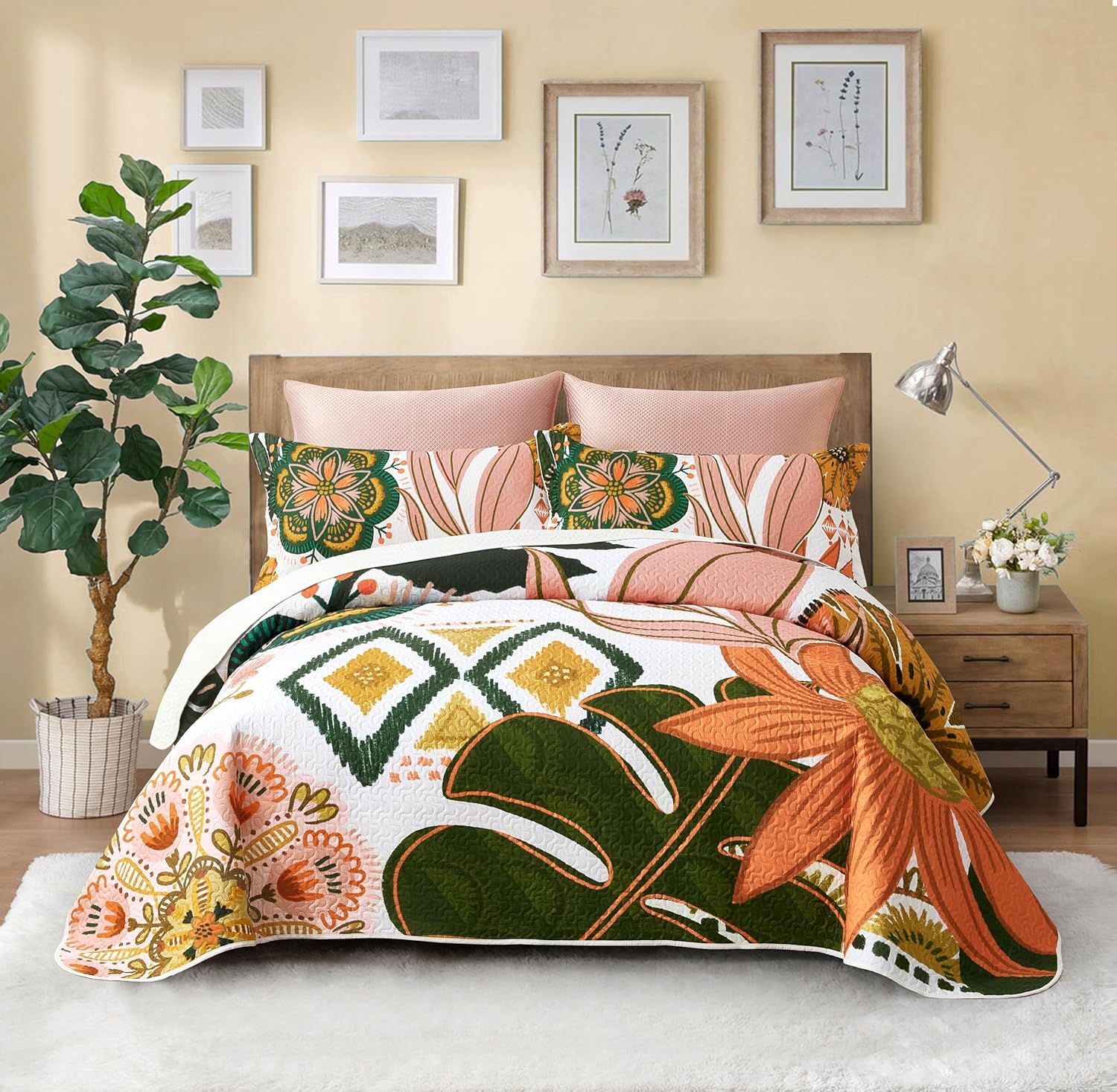 Boho Floral King Size Quilt Set with Reversible Design for All Seasons