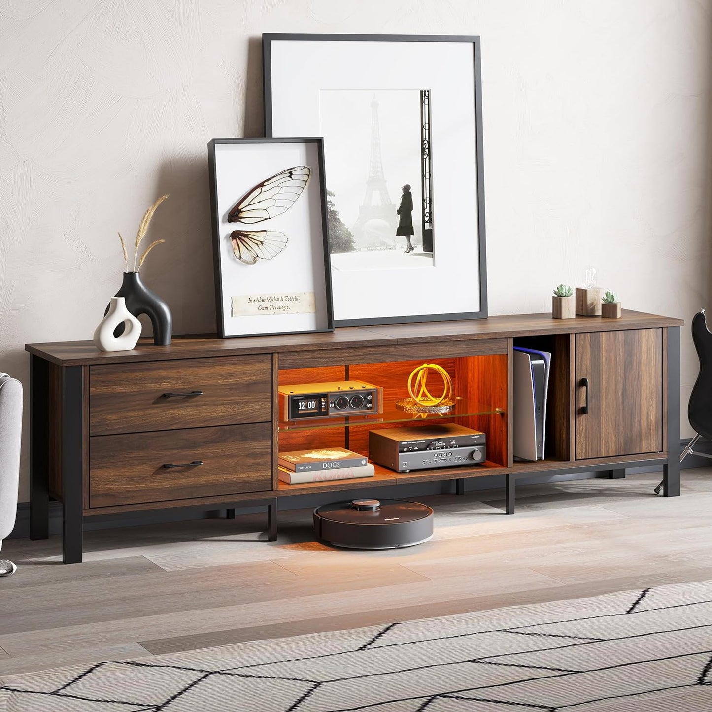Modern LED TV Stand with Glass Shelves