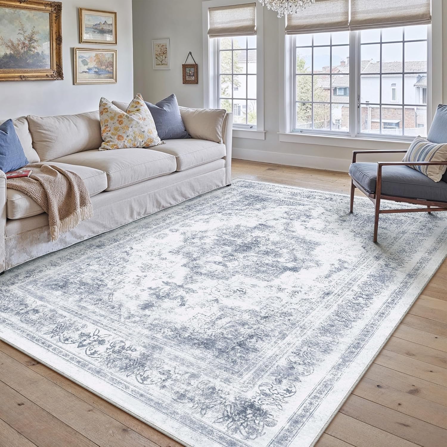 Washable 6x9 Area Rug for Living Room Blue Vintage Boho Style