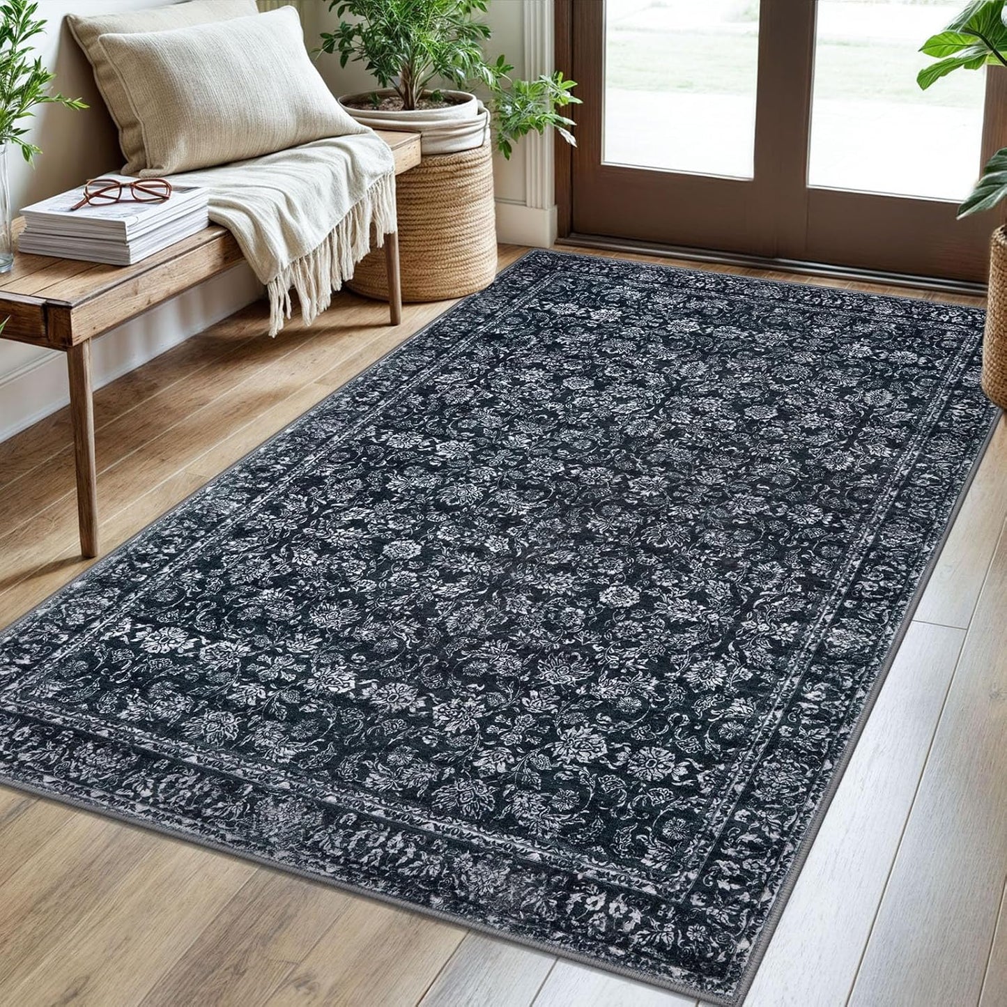 3x5 Area Rug Black Washable Soft Distressed Floral Design