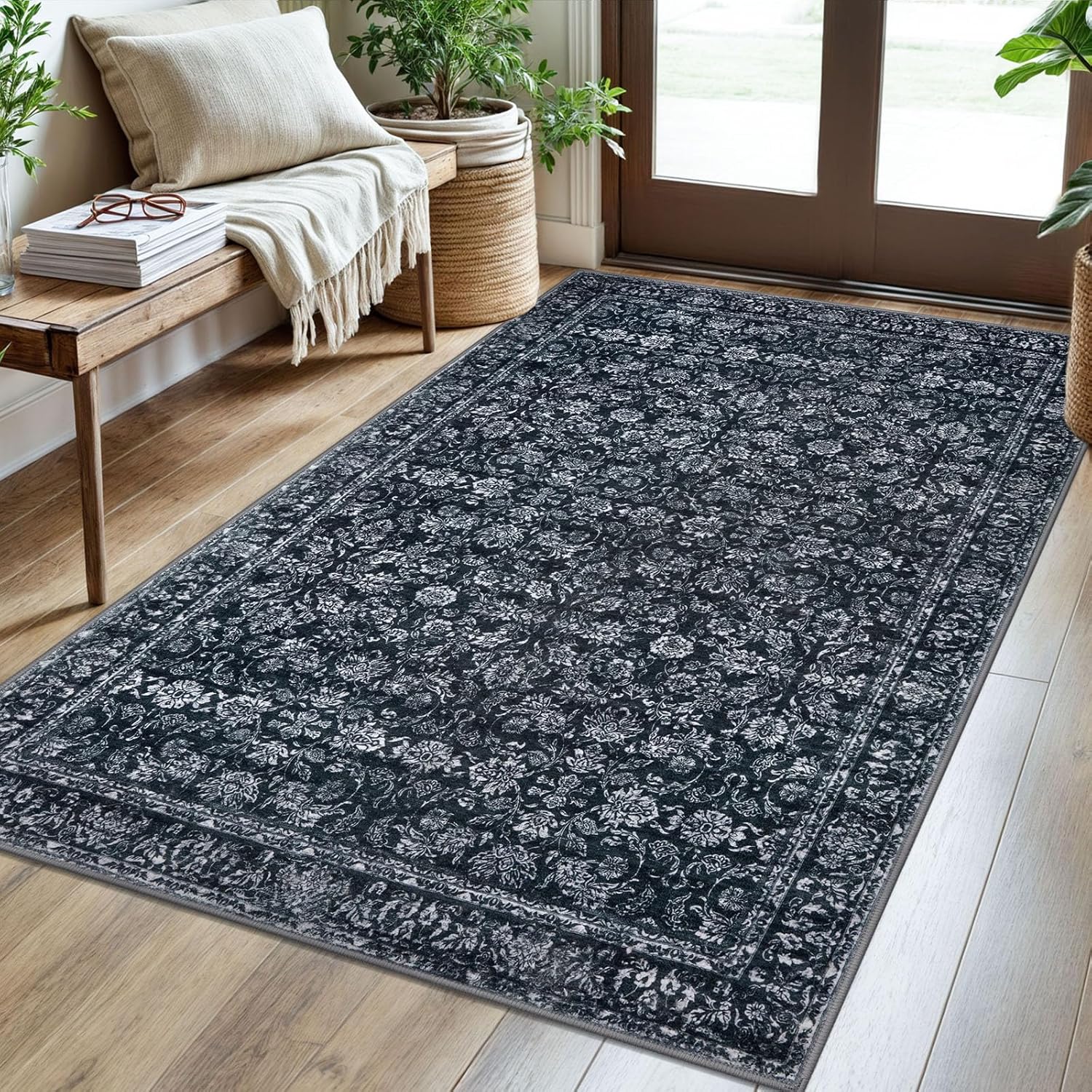 3x5 Area Rug Black Washable Soft Distressed Floral Design