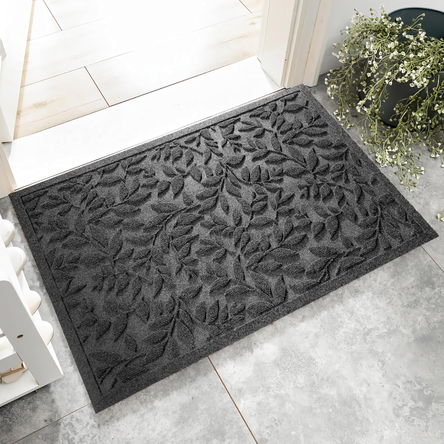 Durable Grey Leaves Doormat for Indoor and Outdoor Use