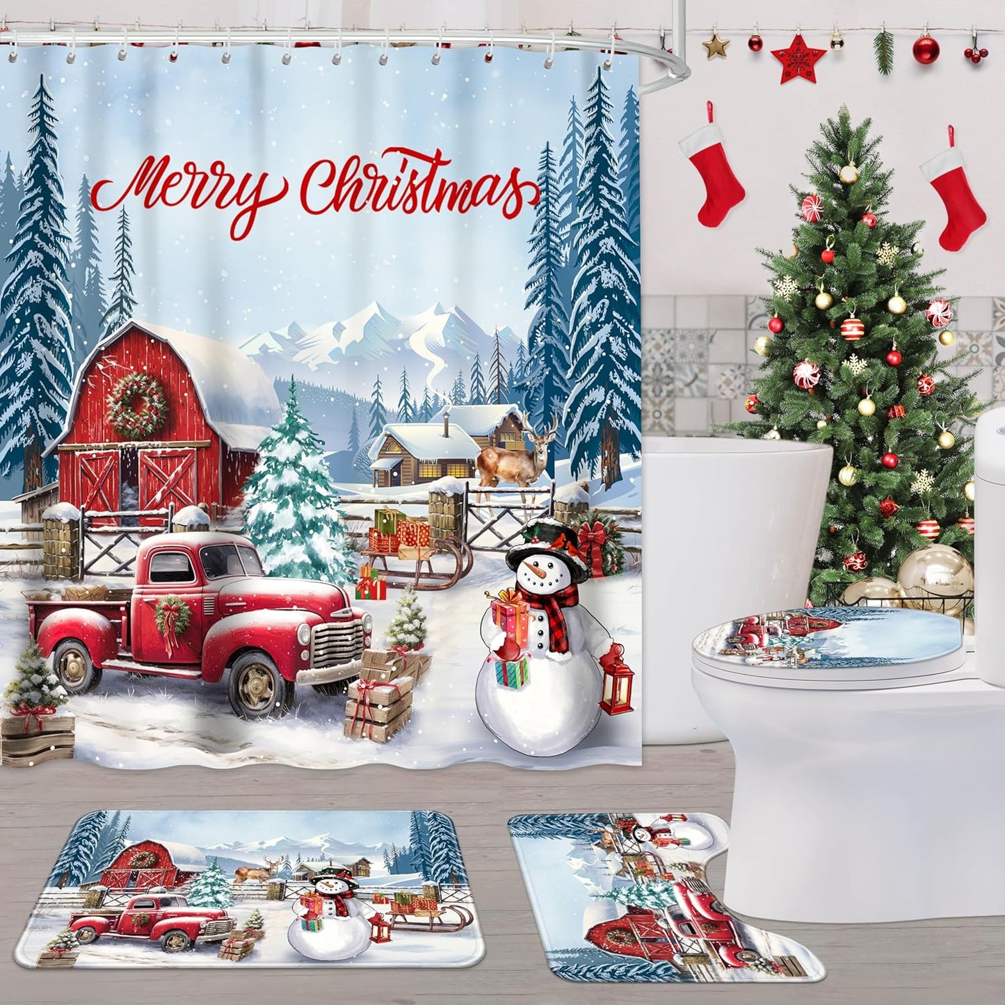 Fayoo Snowman Shower Curtain Set - Festive Bathroom Decor