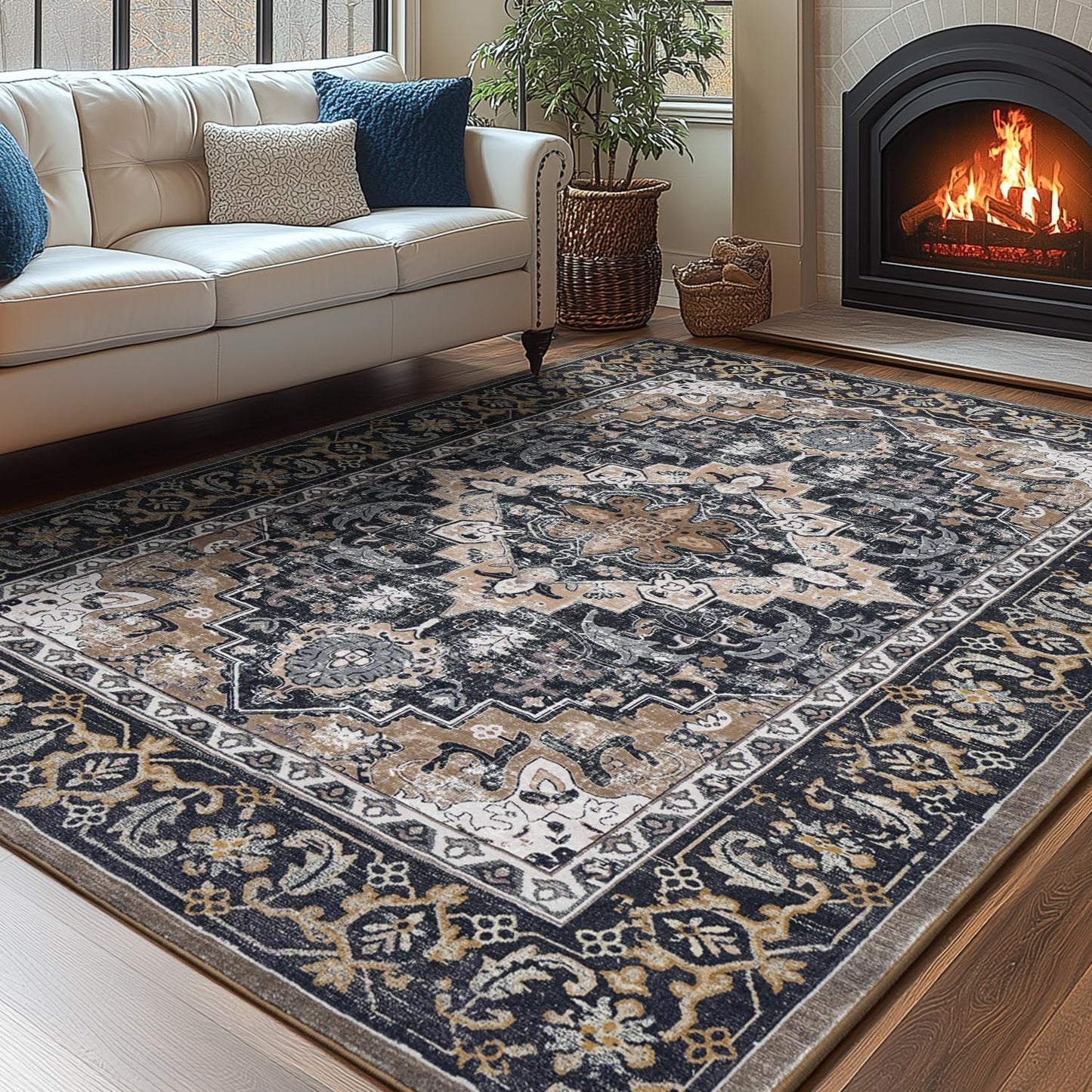 Vintage Floral 8x10 Area Rug for Living Room, Soft & Washable
