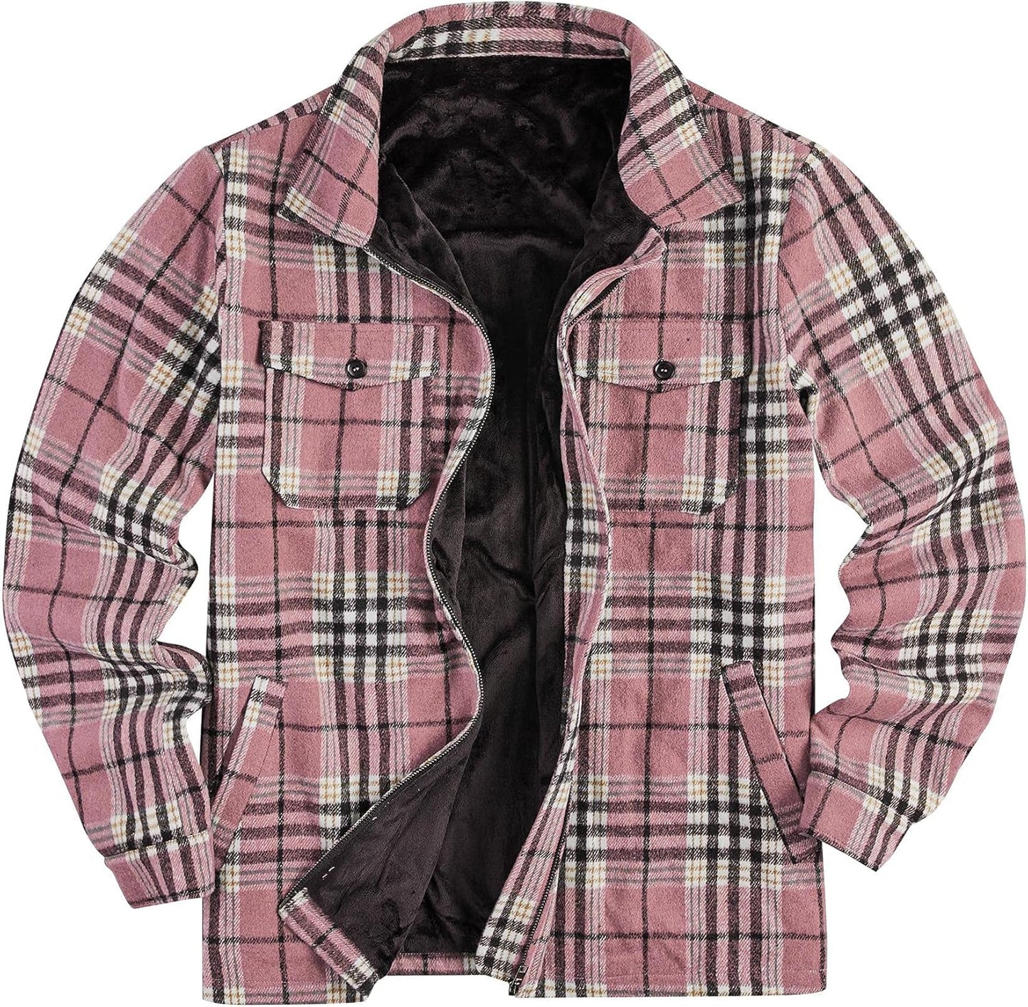 Mens Fleece Jacket Sherpa Lined Zip Up Buffalo Plaid Coat