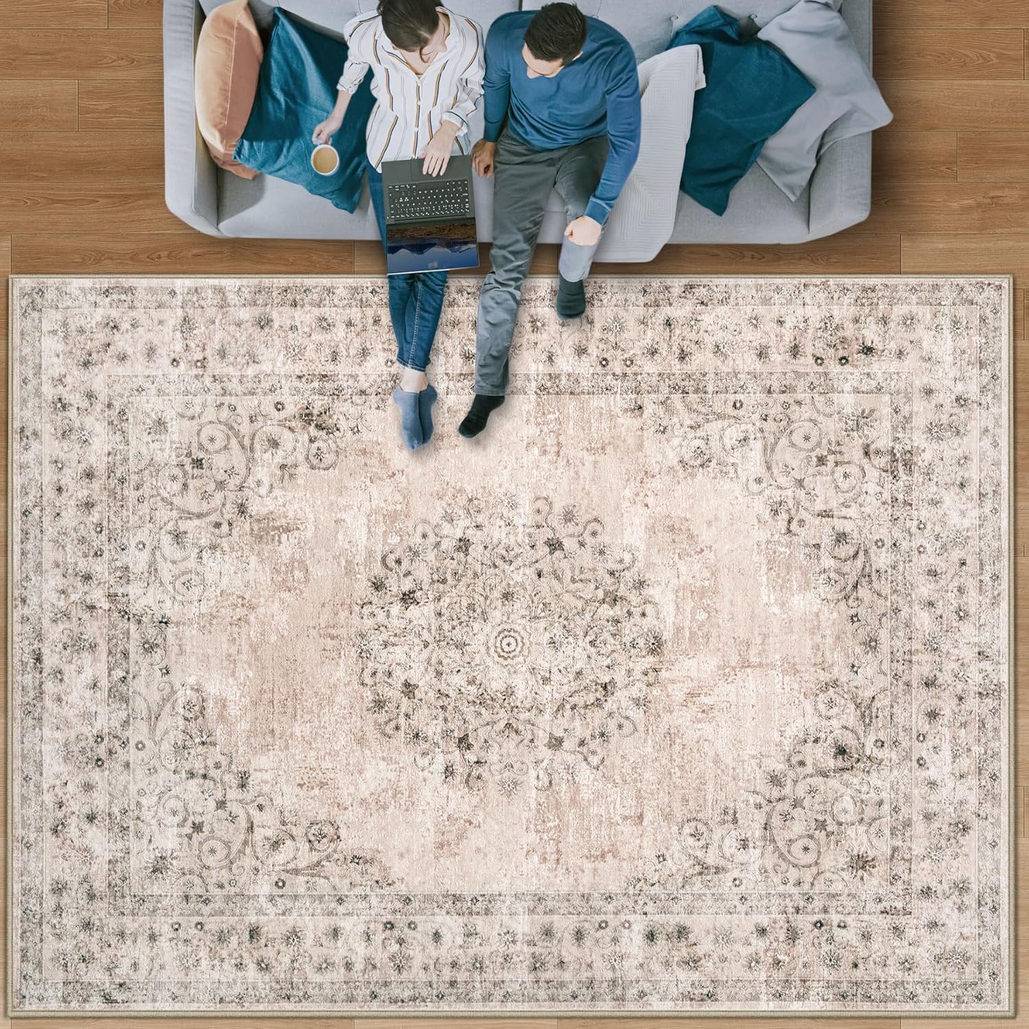 Vintage Area Rug 8x10: Washable Distressed Carpet for Home