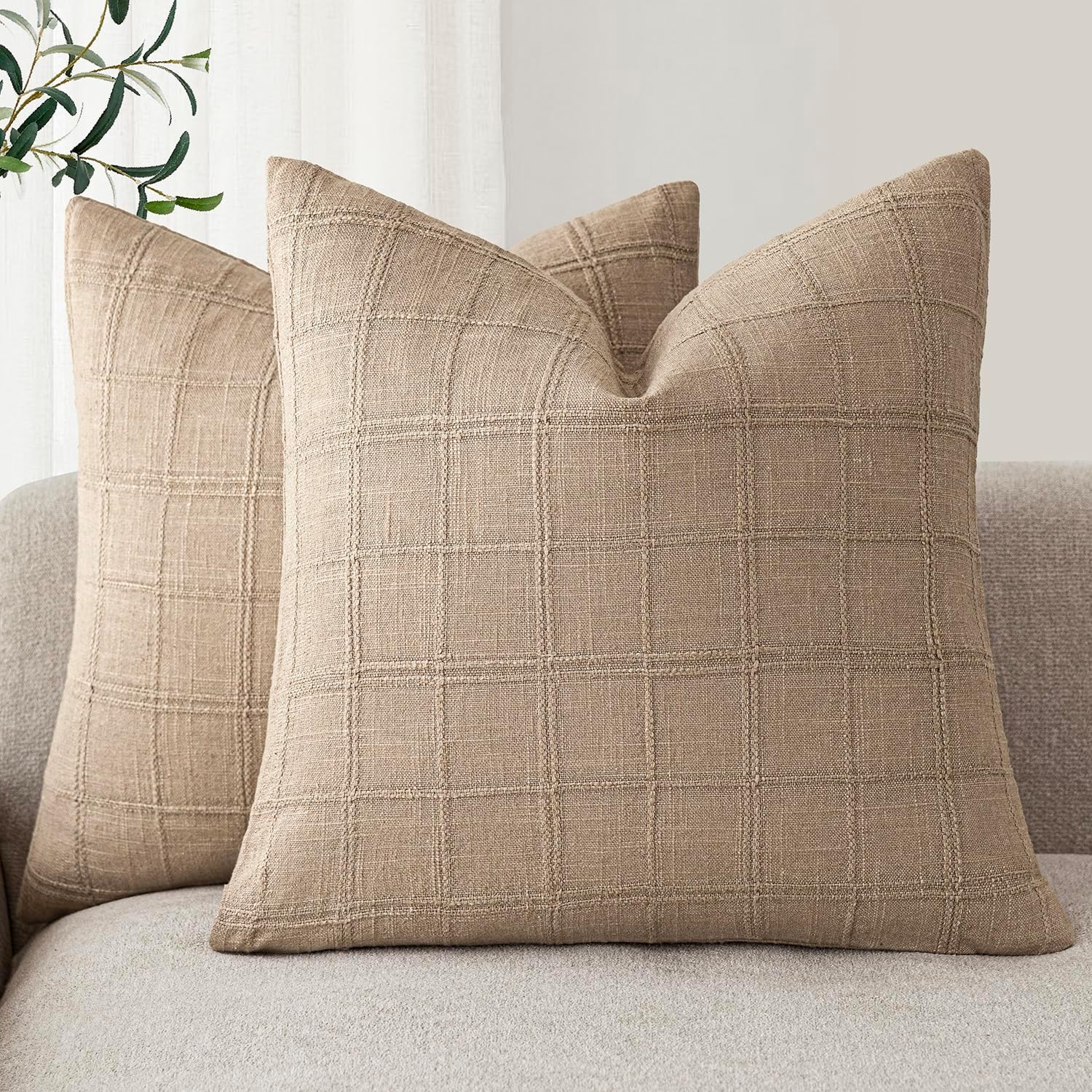 Foindtower Decorative Linen Check Throw Pillow Covers Set of 2