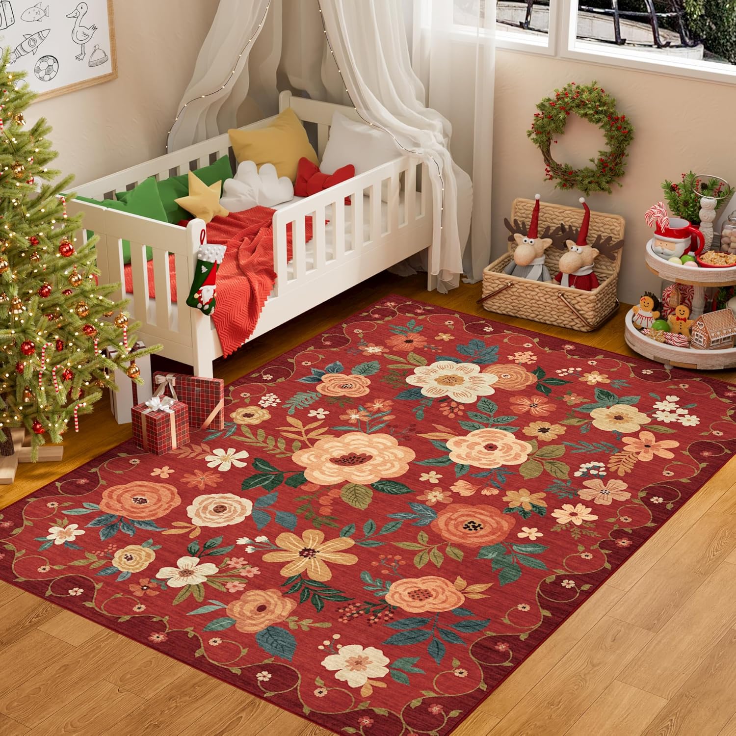 DUKINO 3x5 Area Rug - Lightweight Non Slip Washable Floral Design