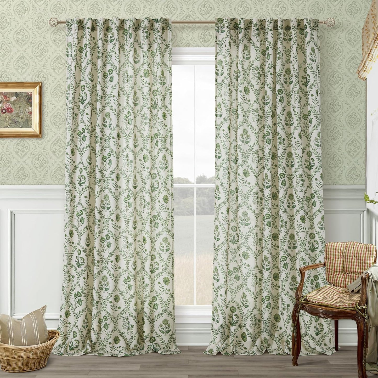 Floral 102 Inch Linen Curtains for Farmhouse Style Decor