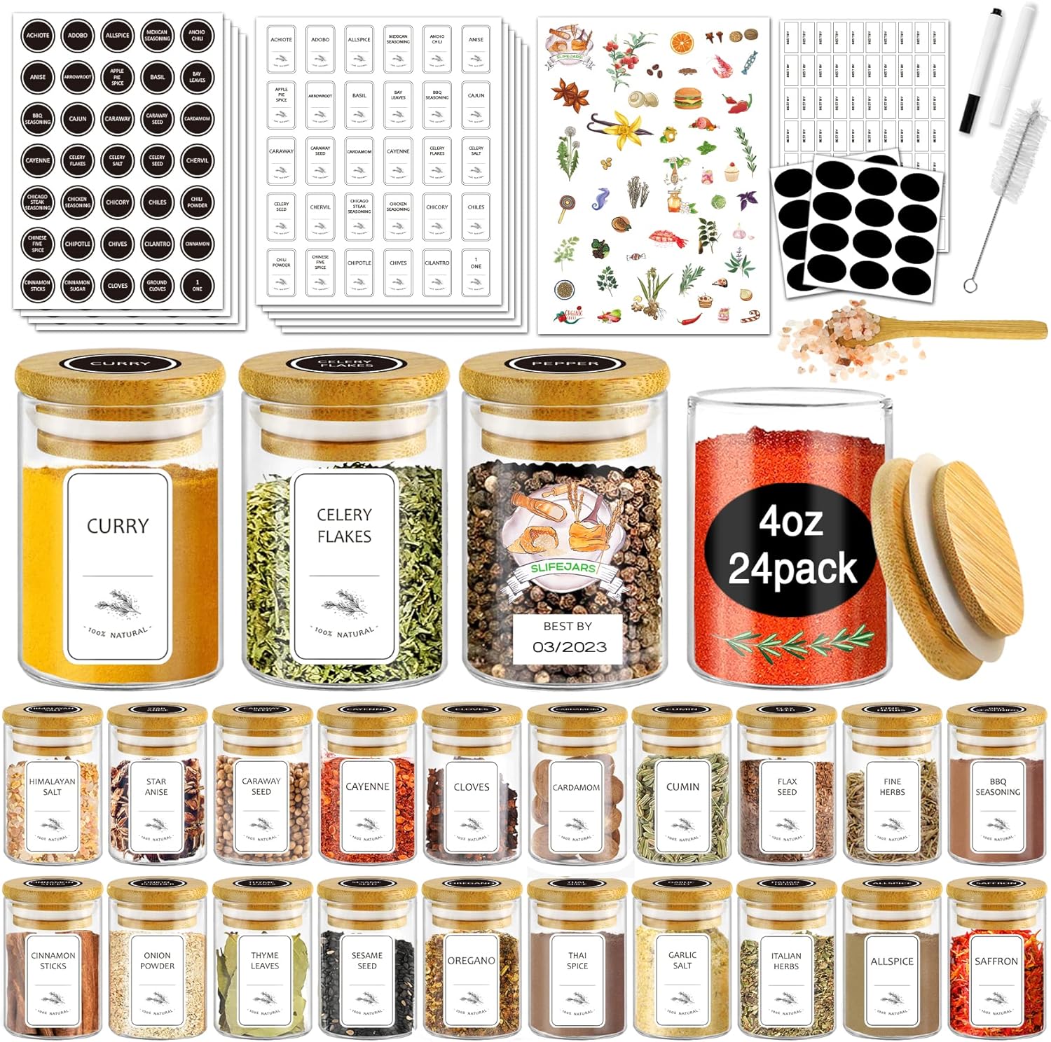 SLifeJars Spice Jars with Label - 4 oz Glass Containers Set