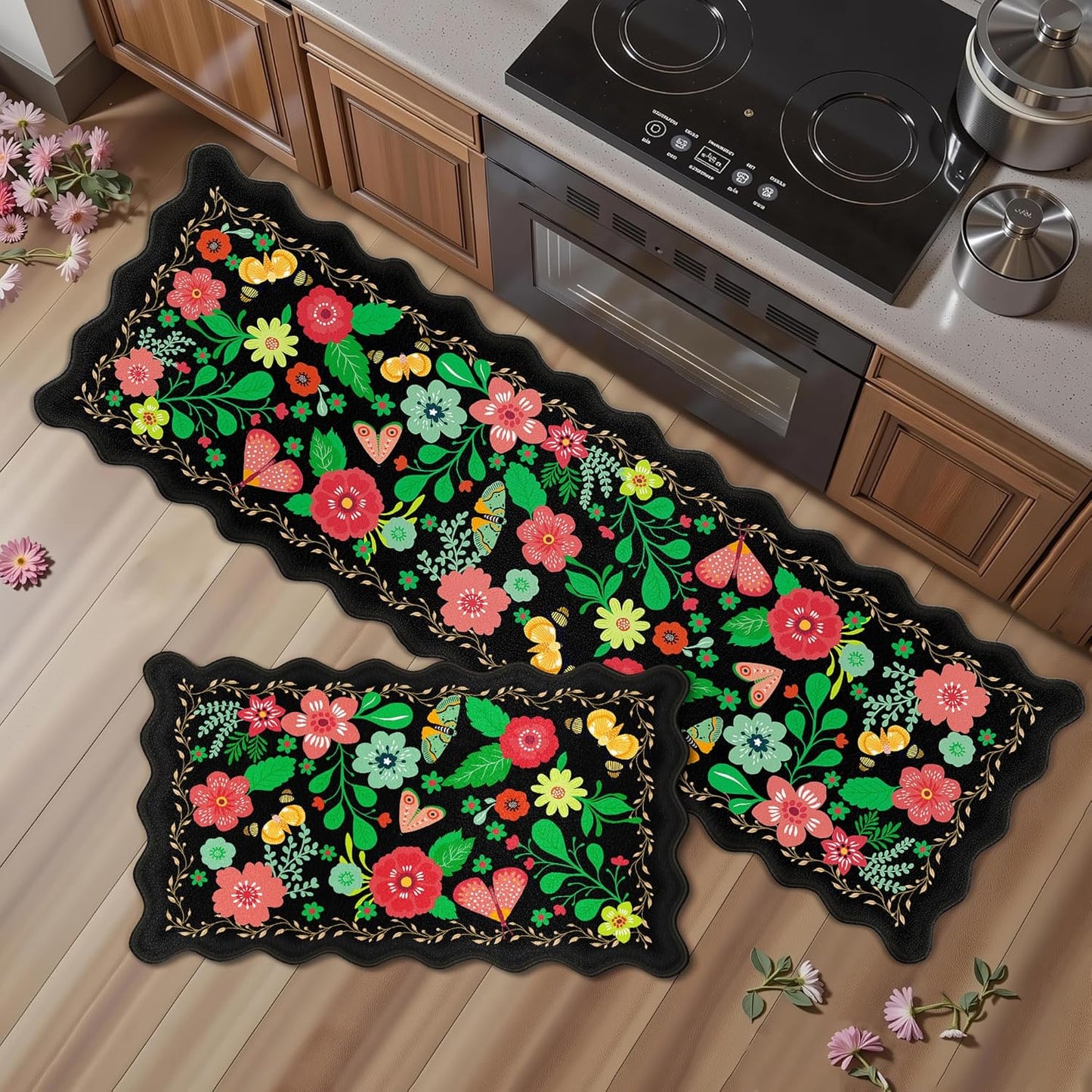 Scalloped Black Kitchen Mats for Floor - Cushioned Comfort Set