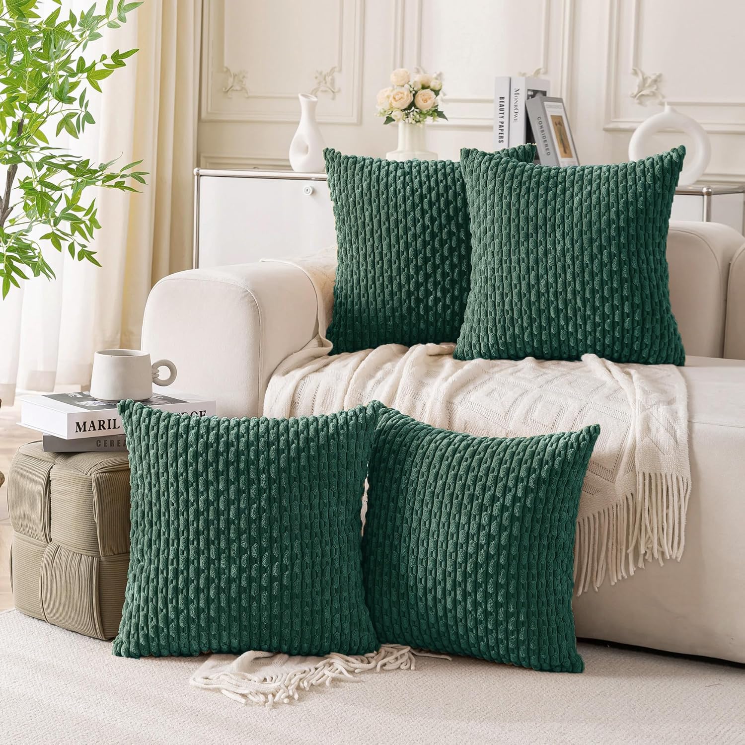 Set of 4 Dark Green Decorative Throw Pillow Covers for Cozy Home