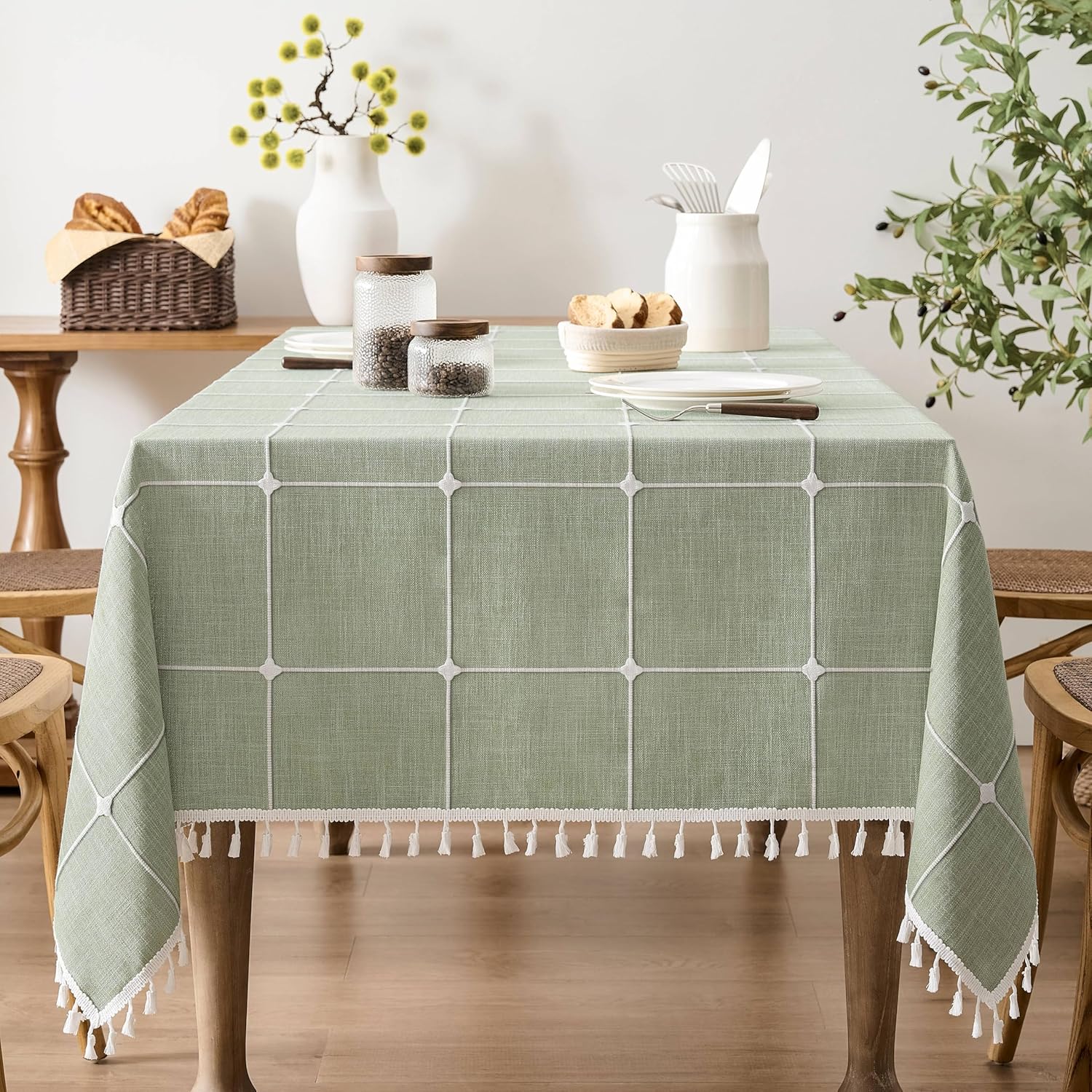 Boho Grid Table Cloth with Tassels, Sage Green, 60in x 104in