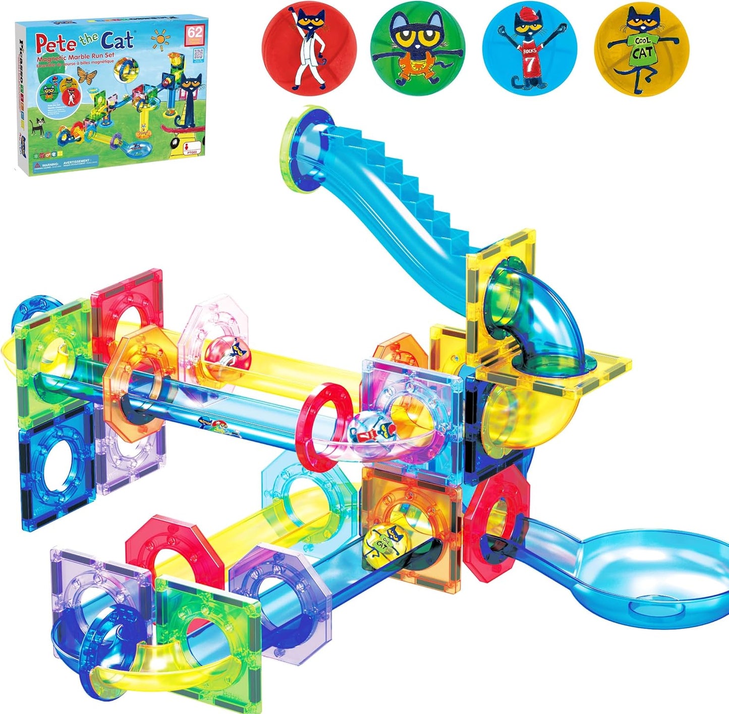 PicassoTiles 62pcs Magnetic Tile Pete The Cat Marble Run Set