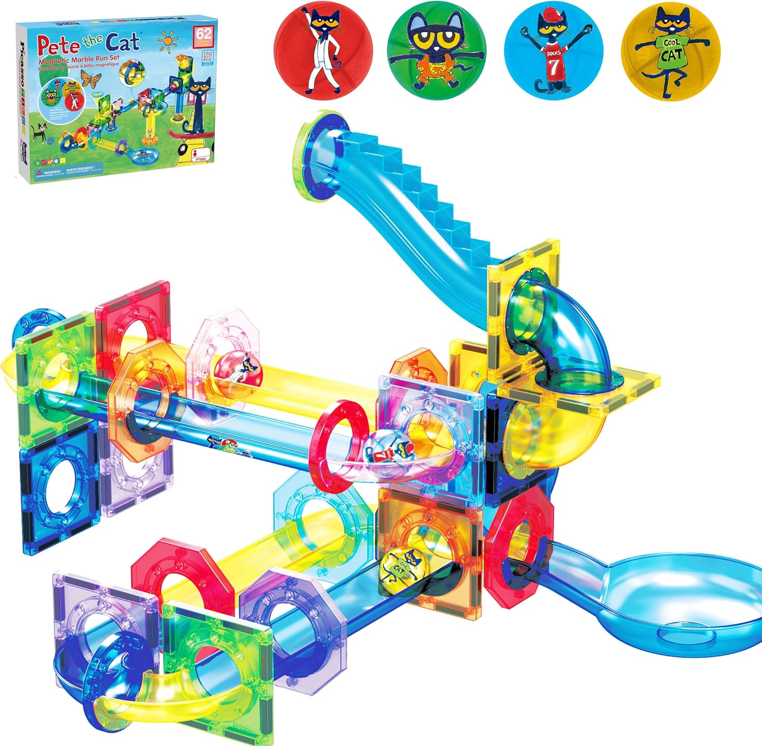 PicassoTiles 62pcs Magnetic Tile Pete The Cat Marble Run Set