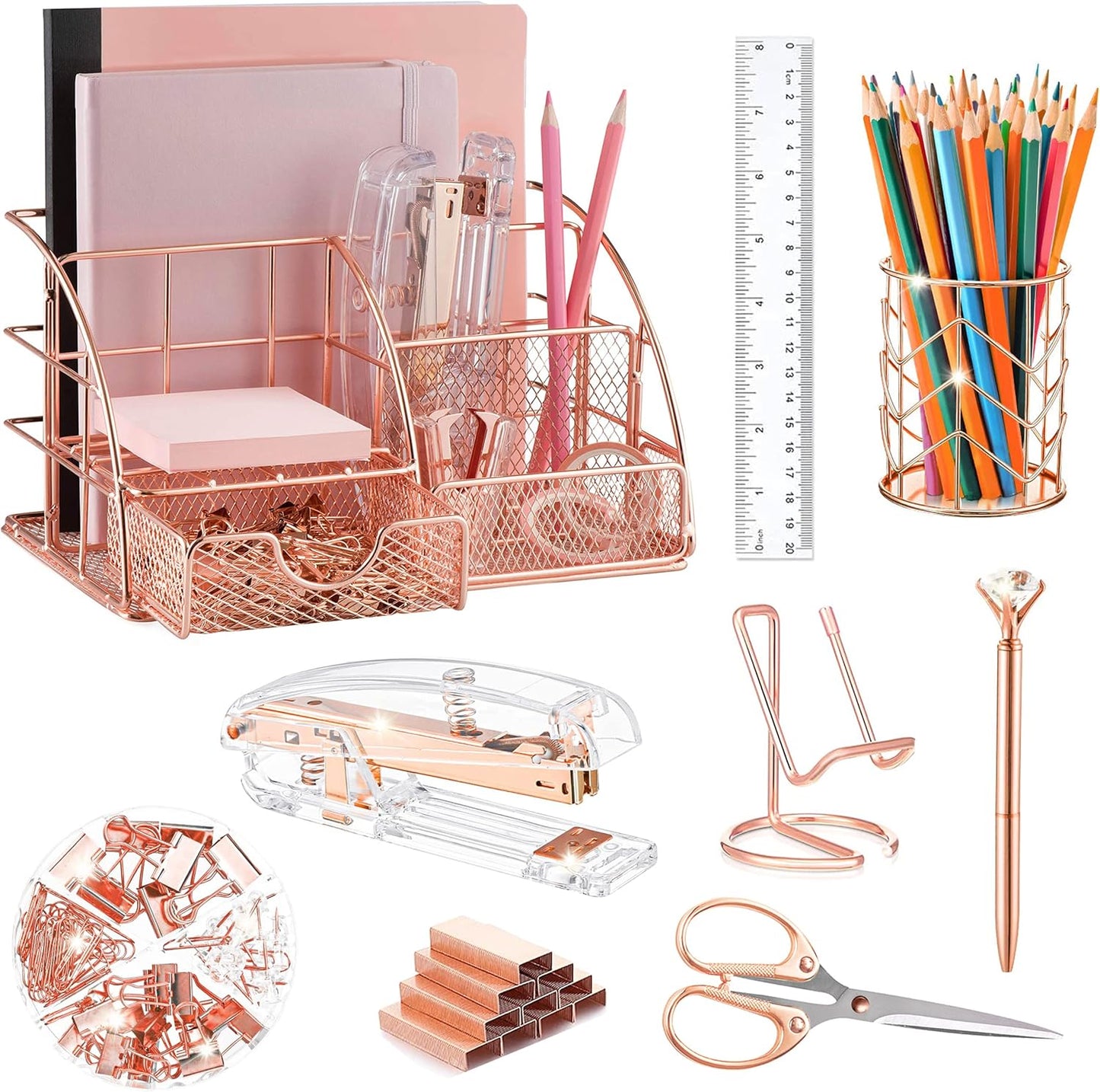 Rose Gold Desk Organizer Set - Elegant Office Supplies Bundle - KAAKOW