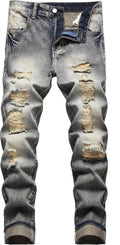 Men Ripped Jeans Slim Fit Straight Leg Denim Pants with Holes