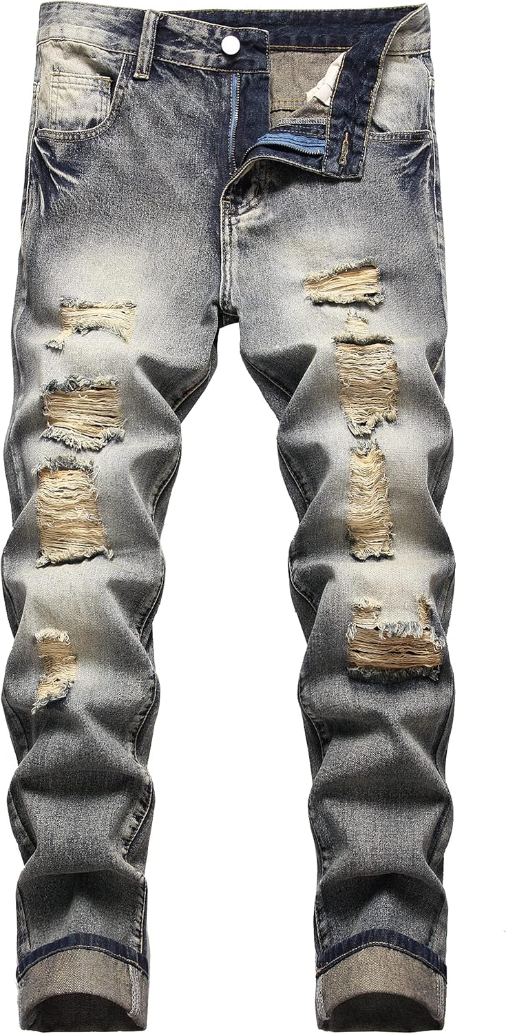 Men Ripped Jeans Slim Fit Straight Leg Denim Pants with Holes
